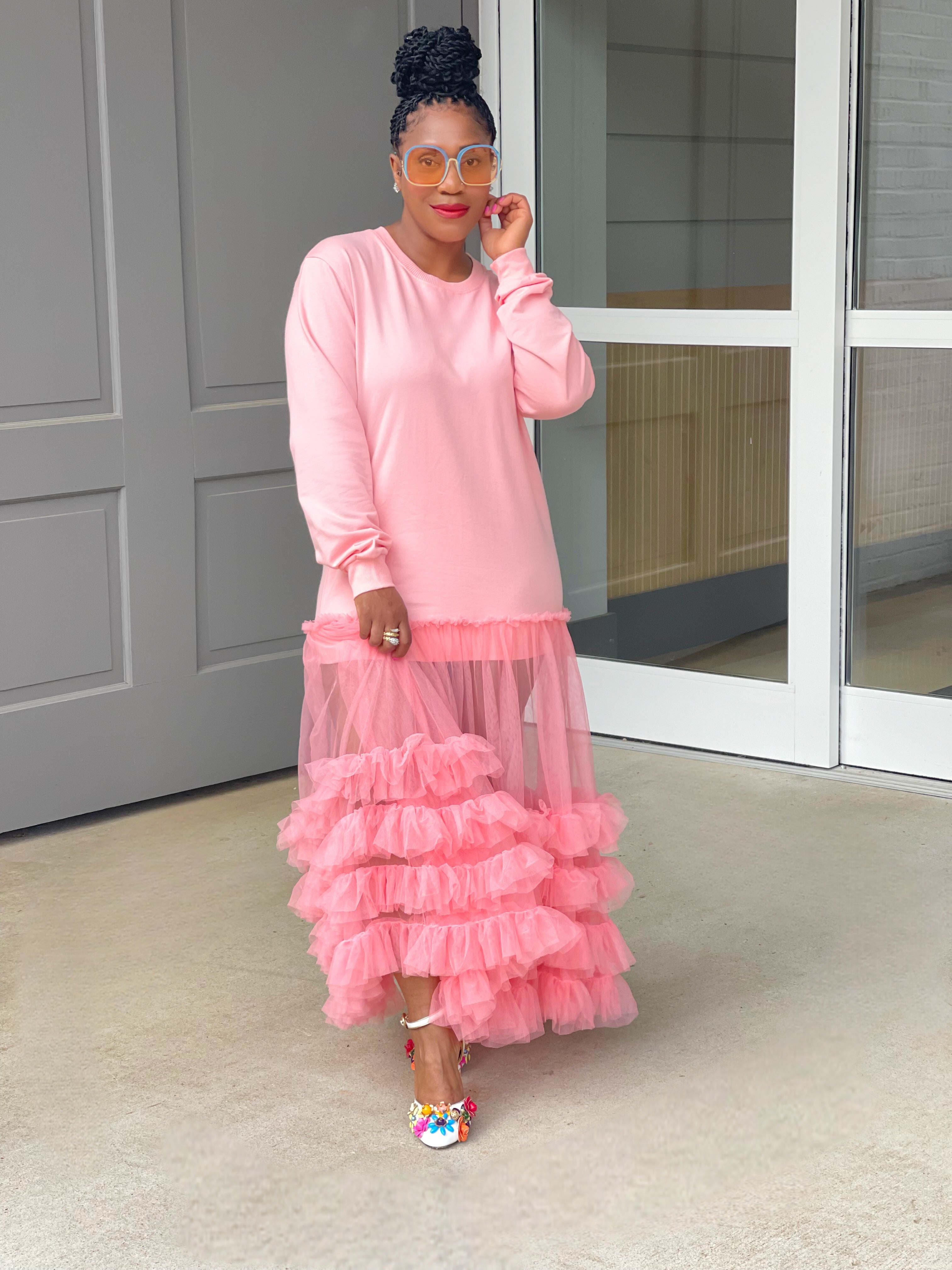 GOLDxTEAL Pink ruffle sweatshirt dress.