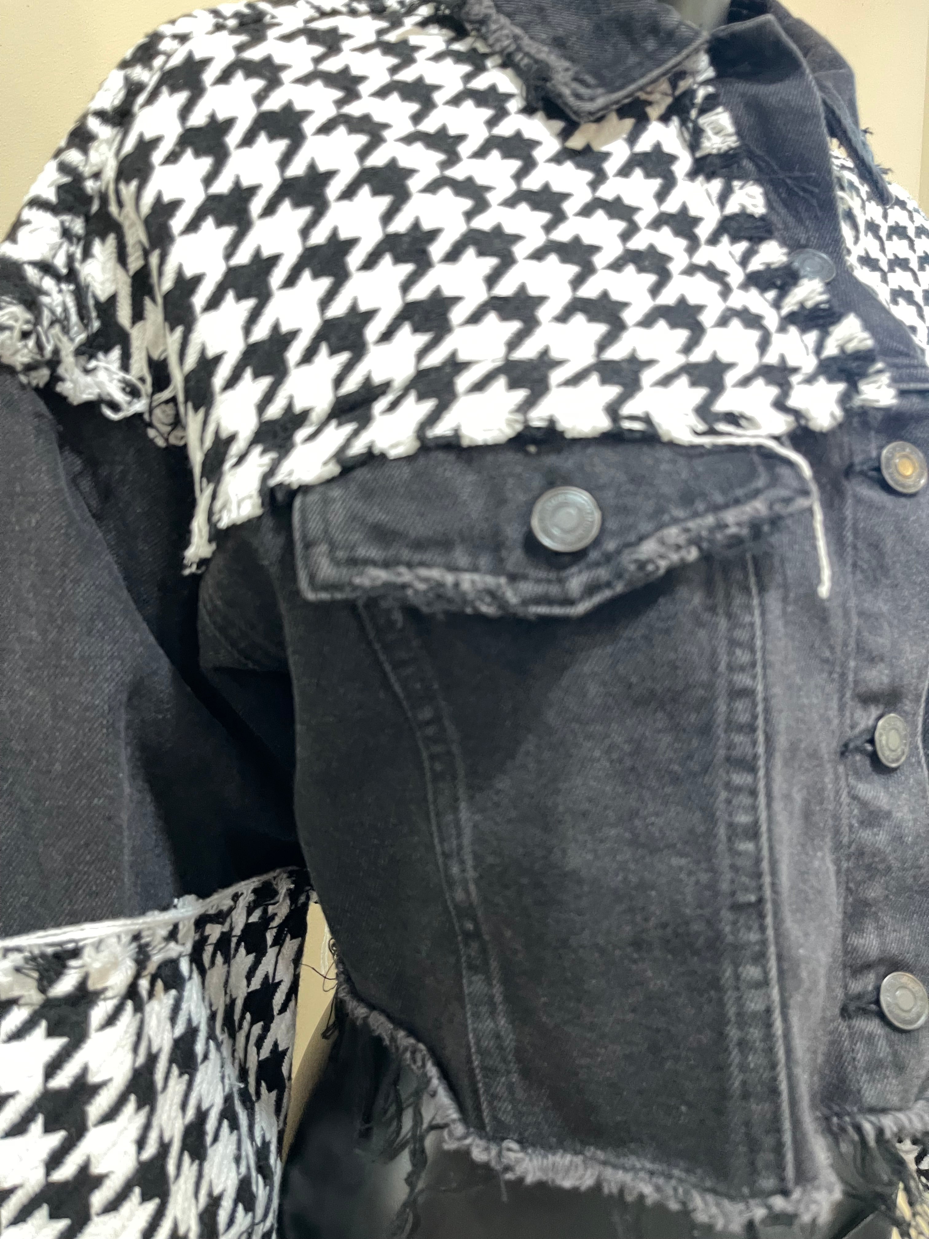 GOLDxTEAL charcoal denim houndstooth crop jacket.