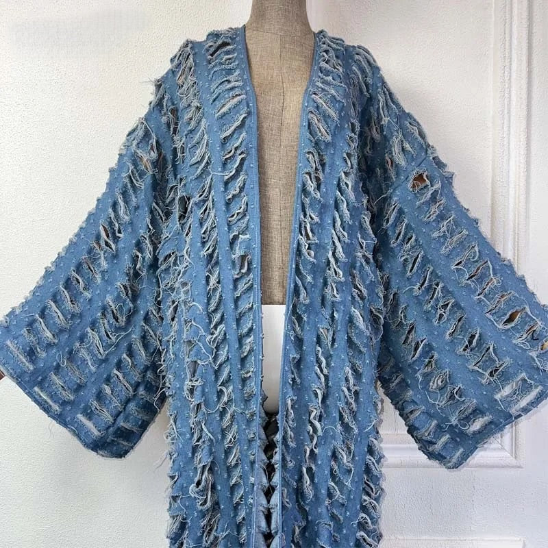 GOLDxTEAL distressed denim duster with kimono sleeves.