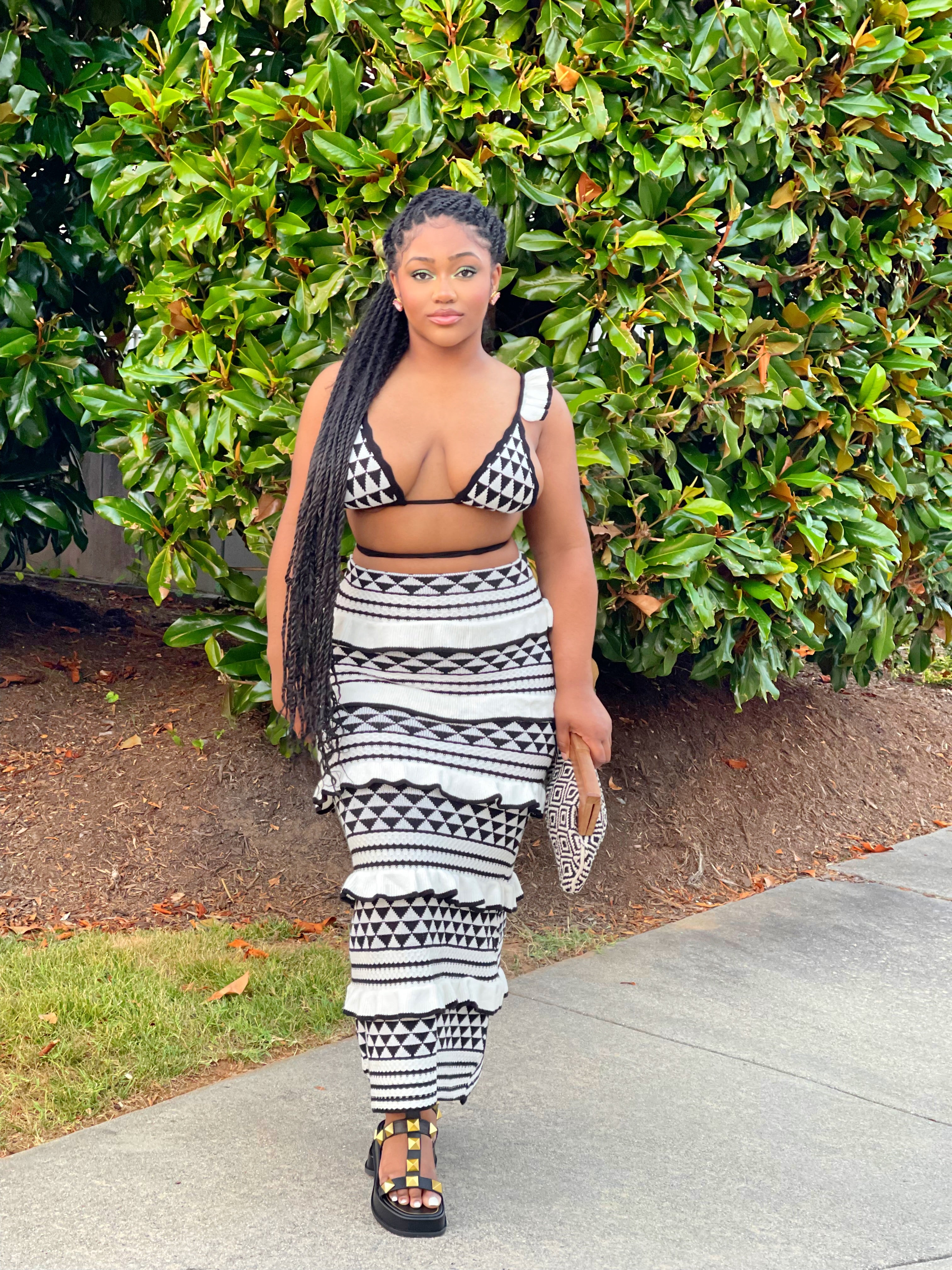 GOLDxTEAL black and white geometric print knitted ruffle skirt set with matching bikini top.