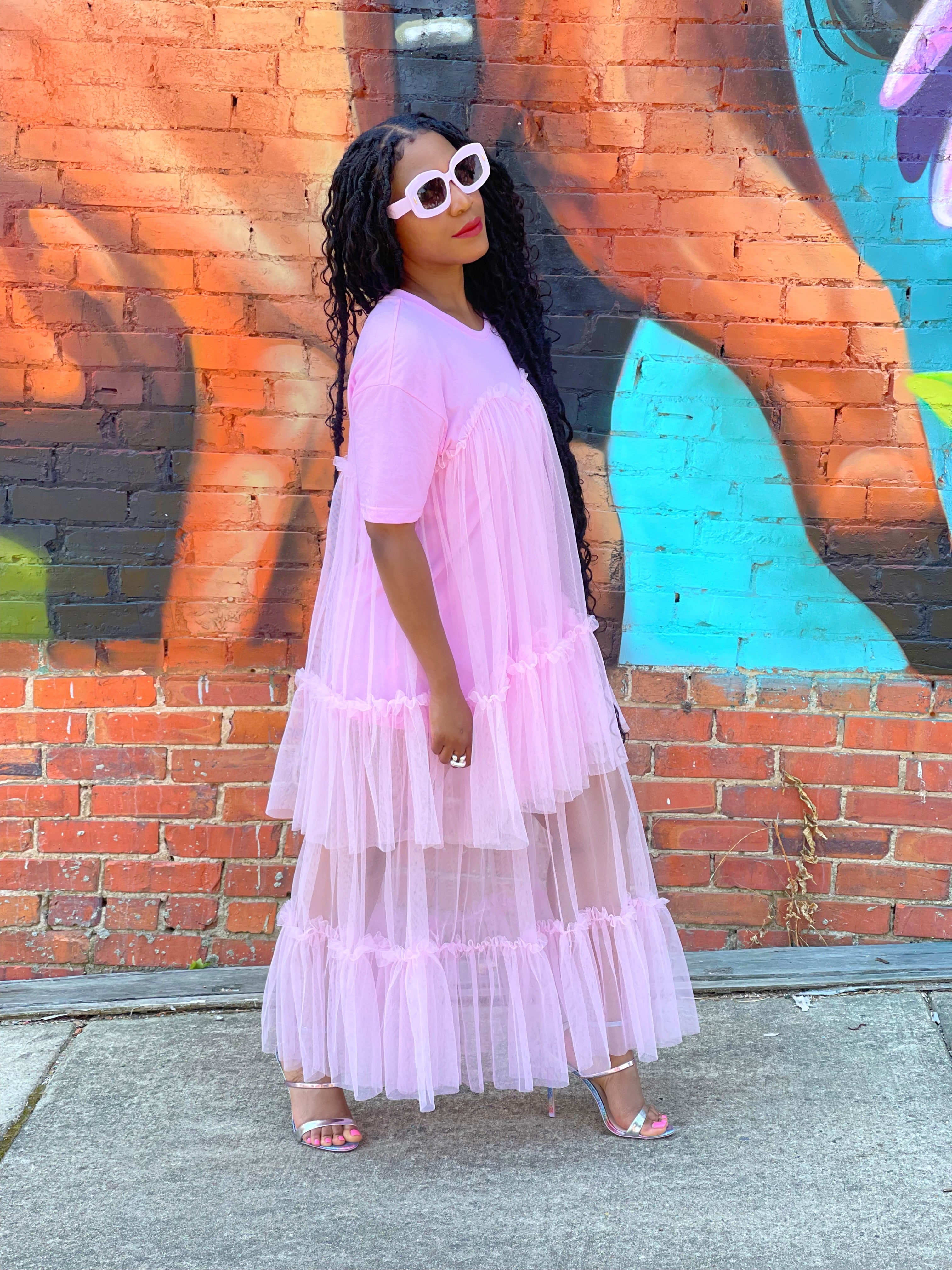 GOLDxTEAL stylish pink tulle t-shirt dress.