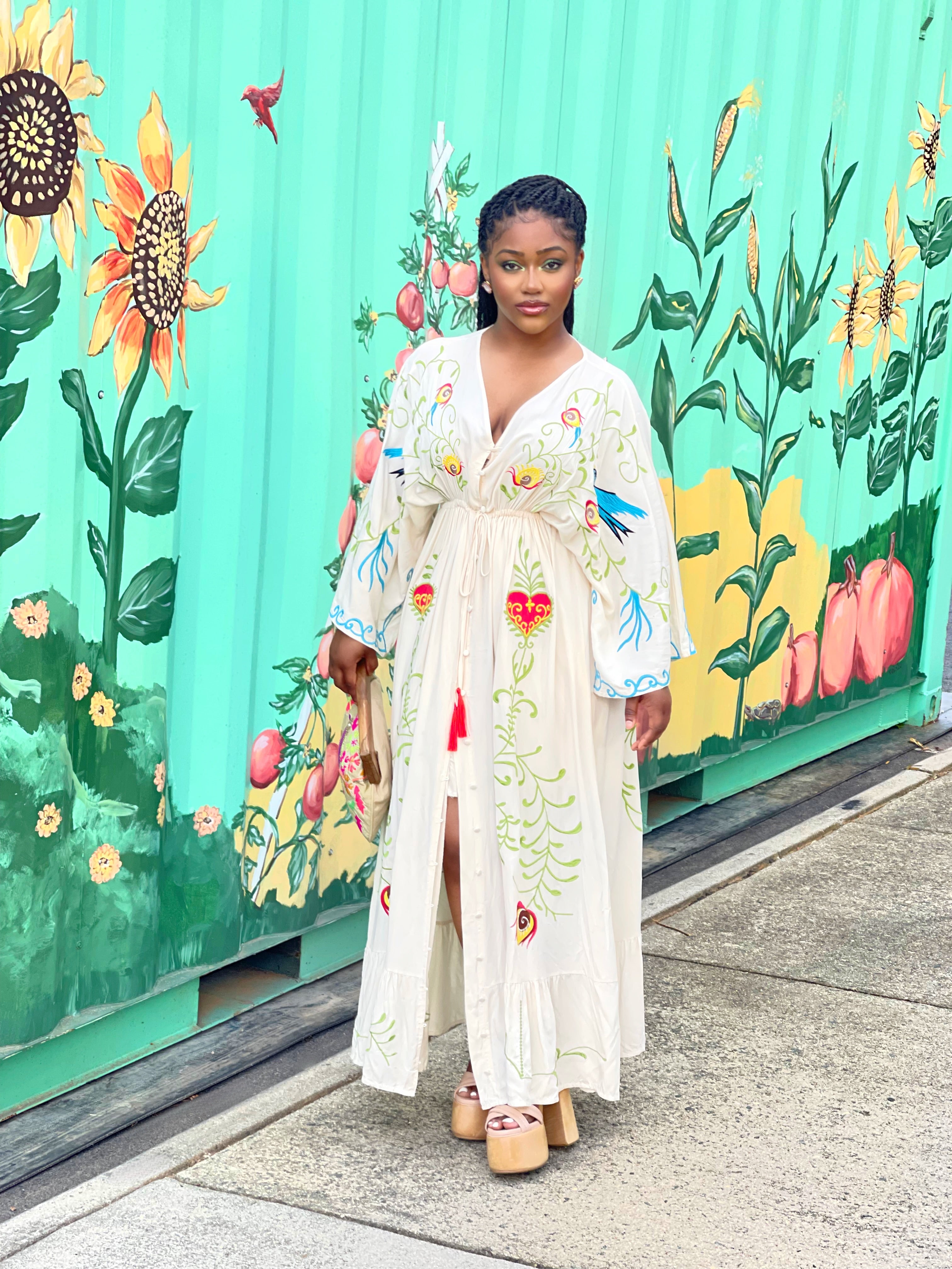 GOLDxTEAL gorgeous colorful embroidered dress with kimono style sleeves.