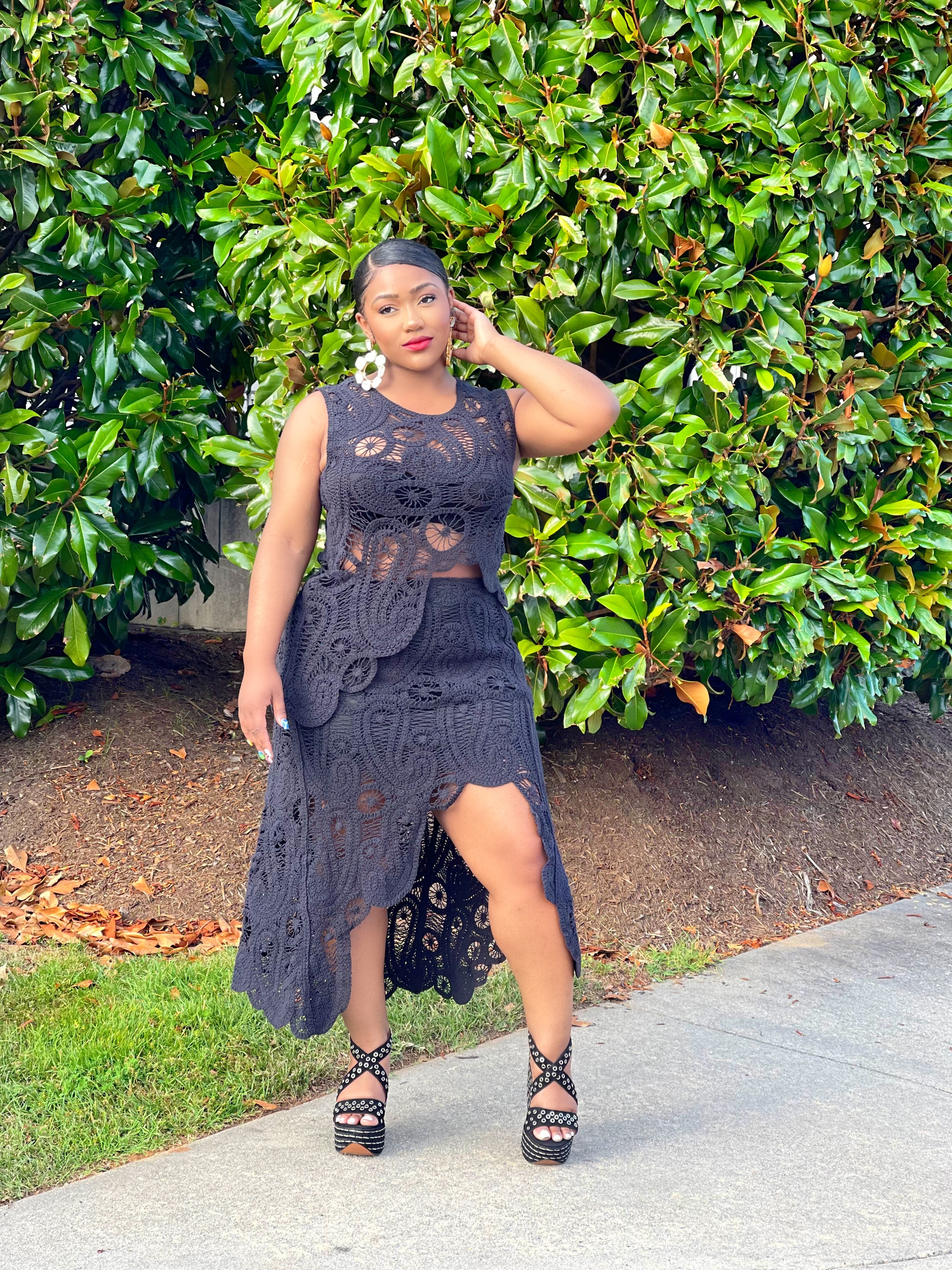 GOLDxTEAL crochet asymmetrical skirt set. Stylish black knitted vacation skirt set.