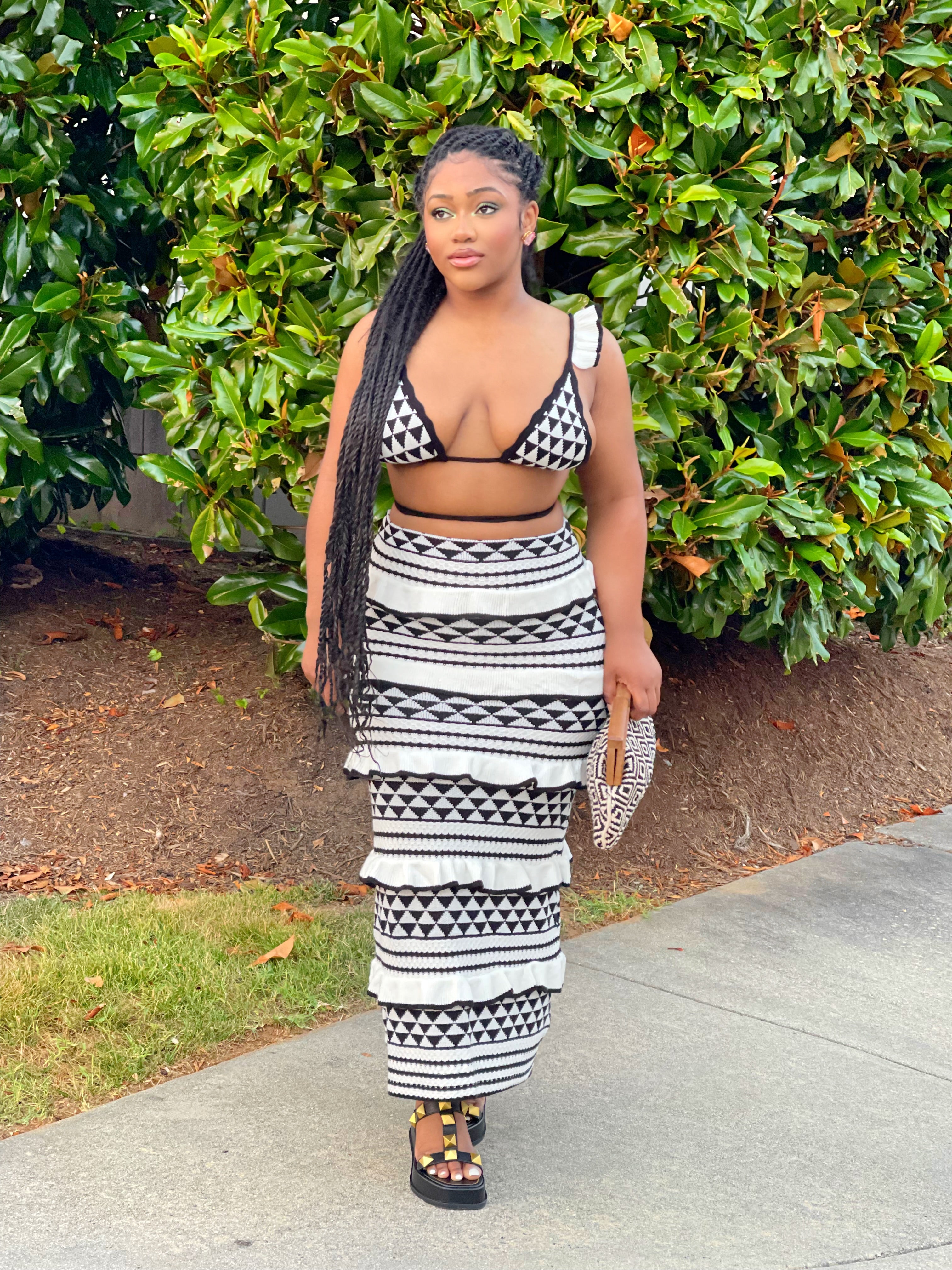 GOLDxTEAL black and white geometric print knitted ruffle skirt set with matching bikini top.