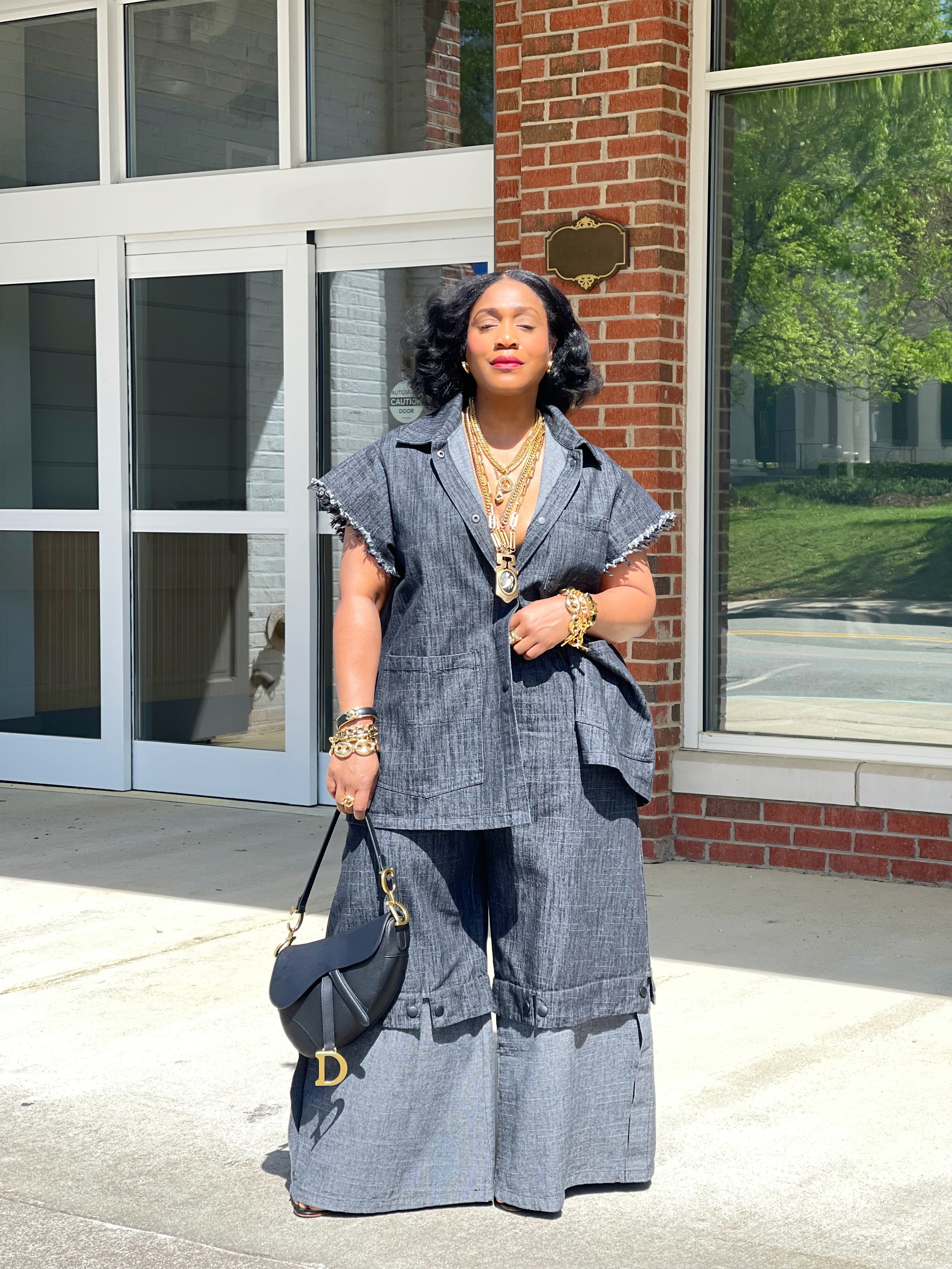 GOLDxTEAL stylish charcoal denim wide leg pant set.