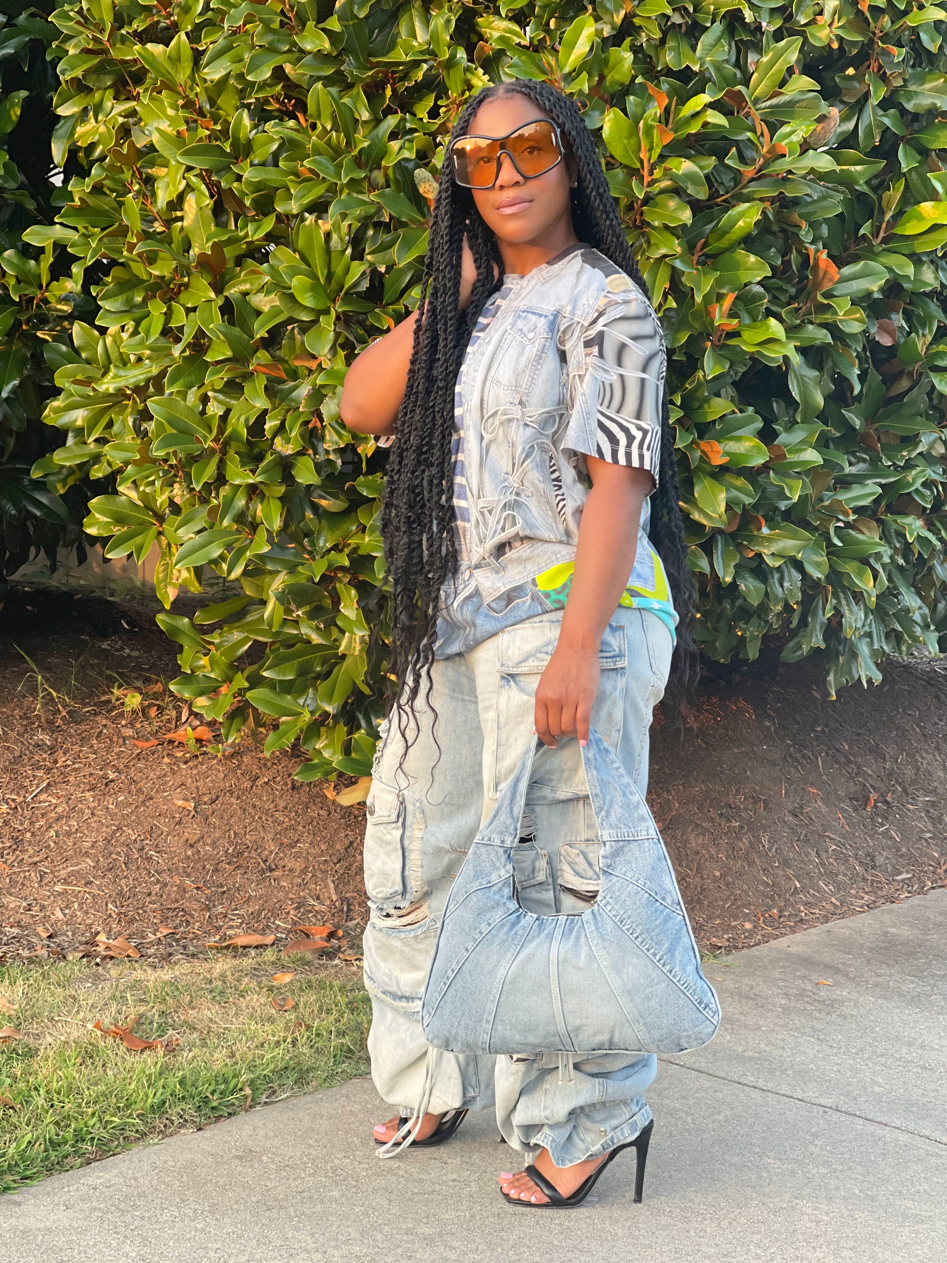 GOLDxTEAL modern denim shoulder bag.