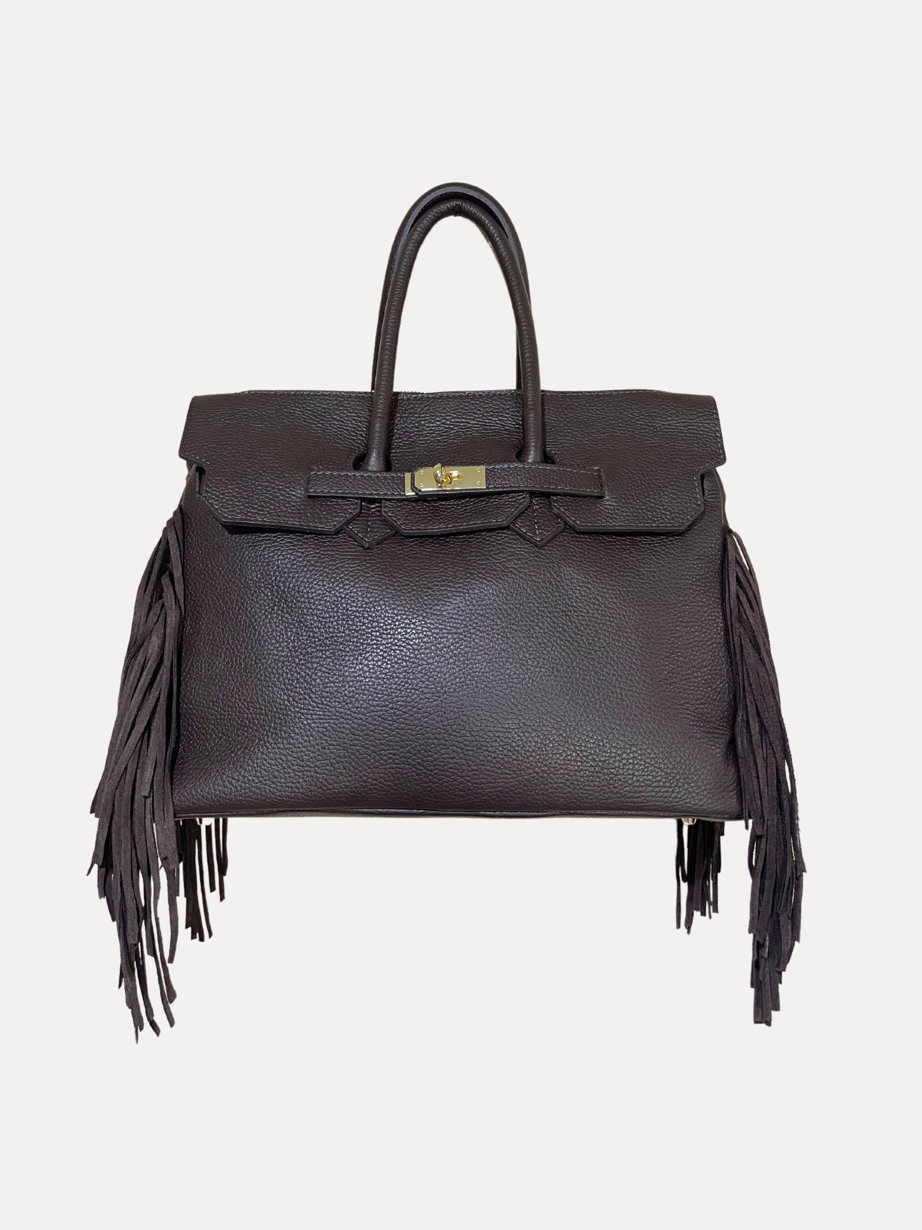 GOLDxTEAL Timeless pebbled leather fringe handbag. Made in Italy.