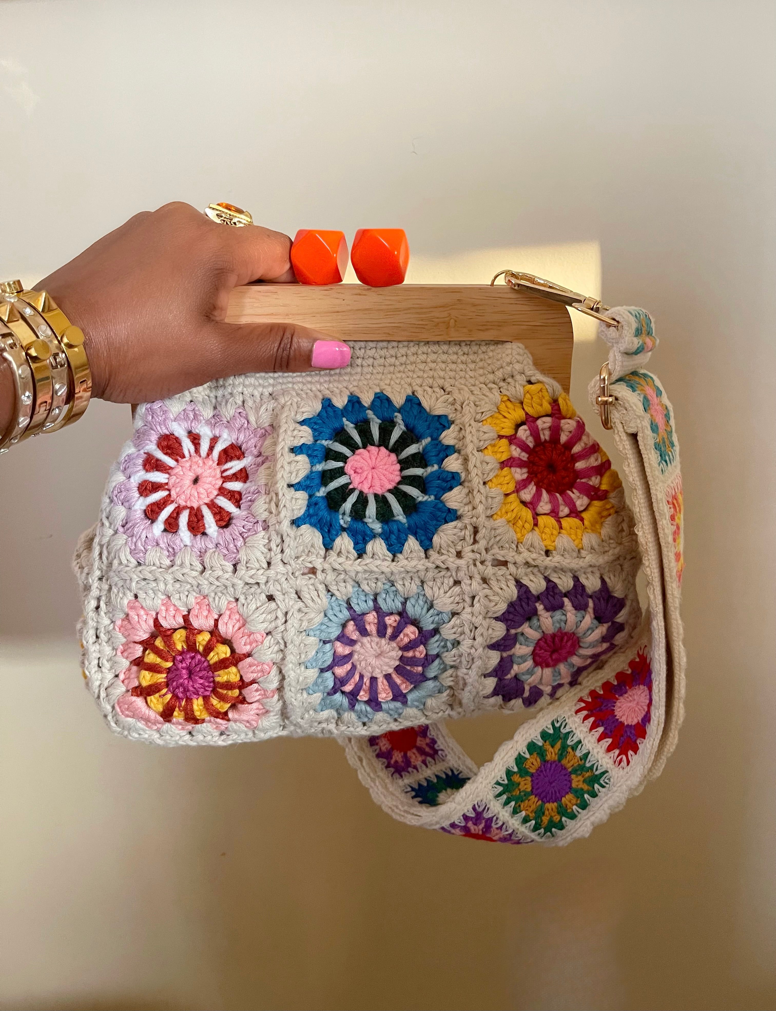 GOLDxTEAL stunning knitted crochet clutch with adjustable shoulder strap.