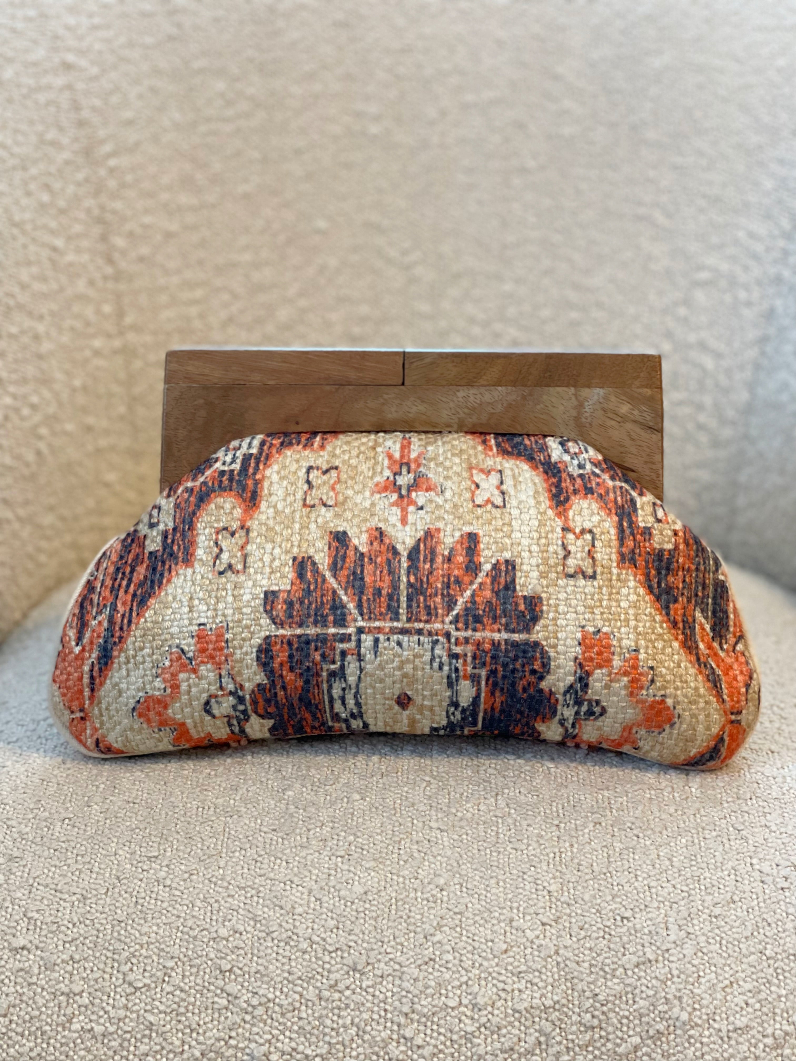 GOLDxTEAL gorgeous handmade embroidered clutch with wooden handle.