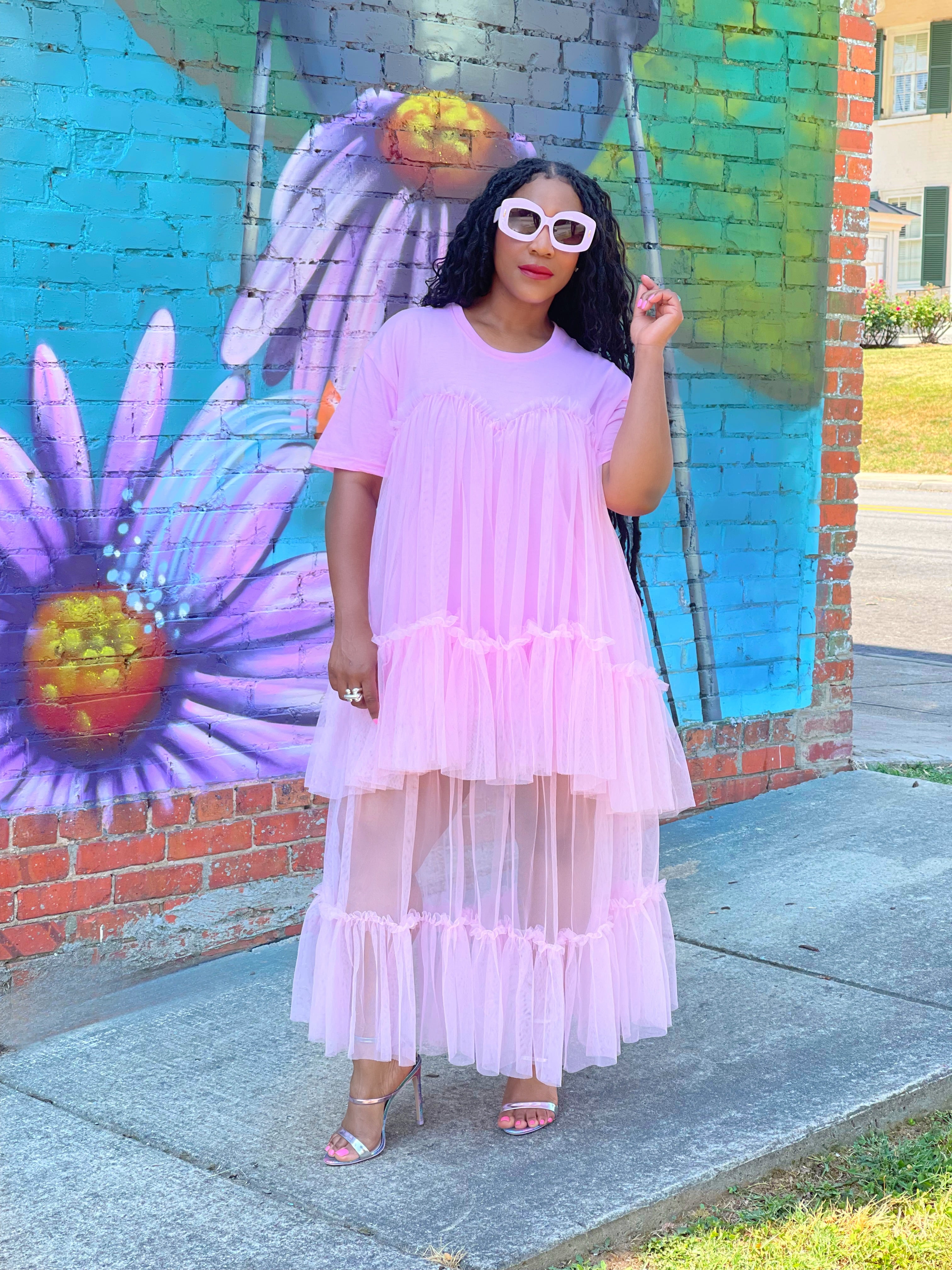 GOLDxTEAL stylish pink tulle t-shirt dress.