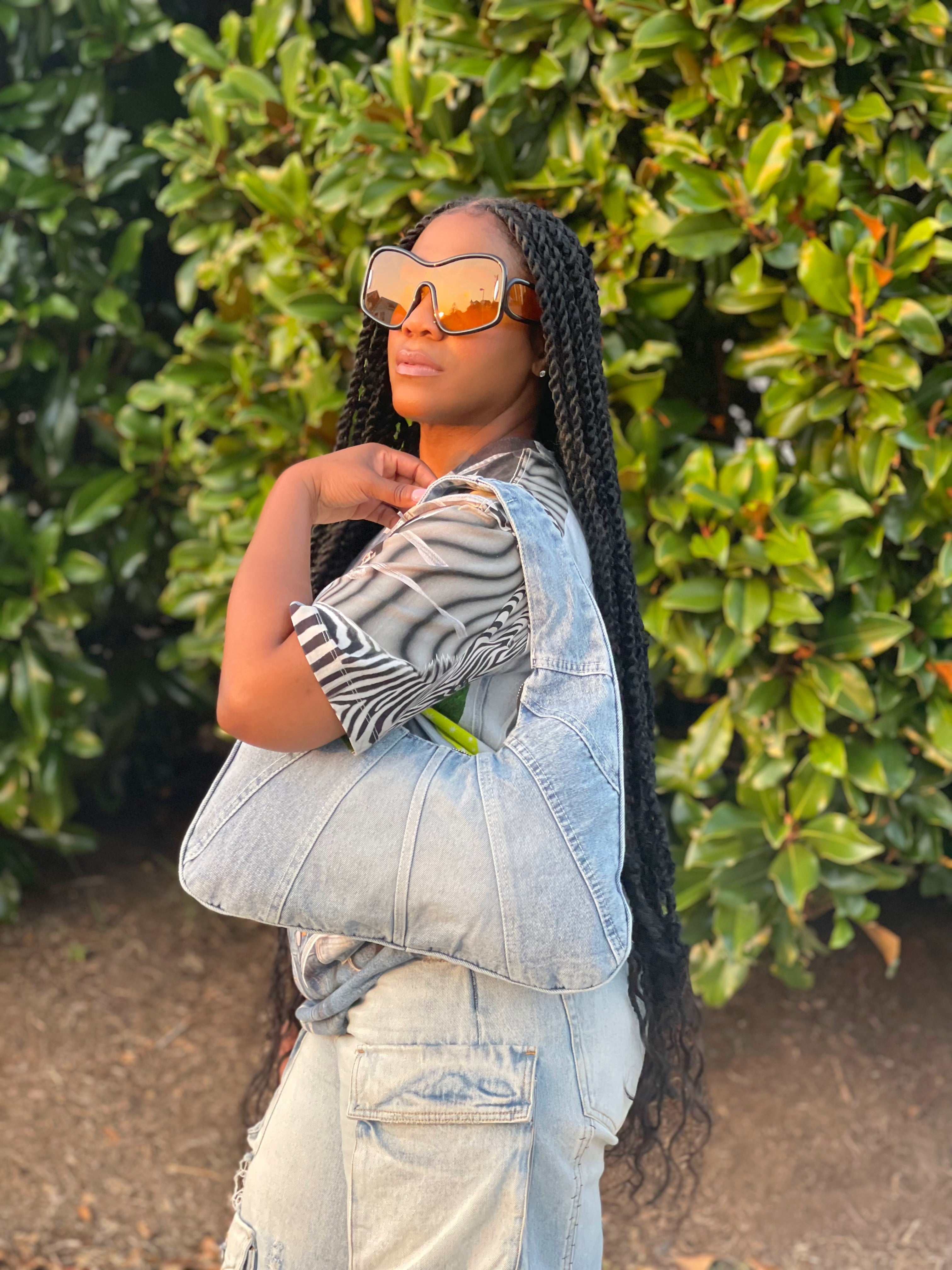 GOLDxTEAL modern denim shoulder bag.