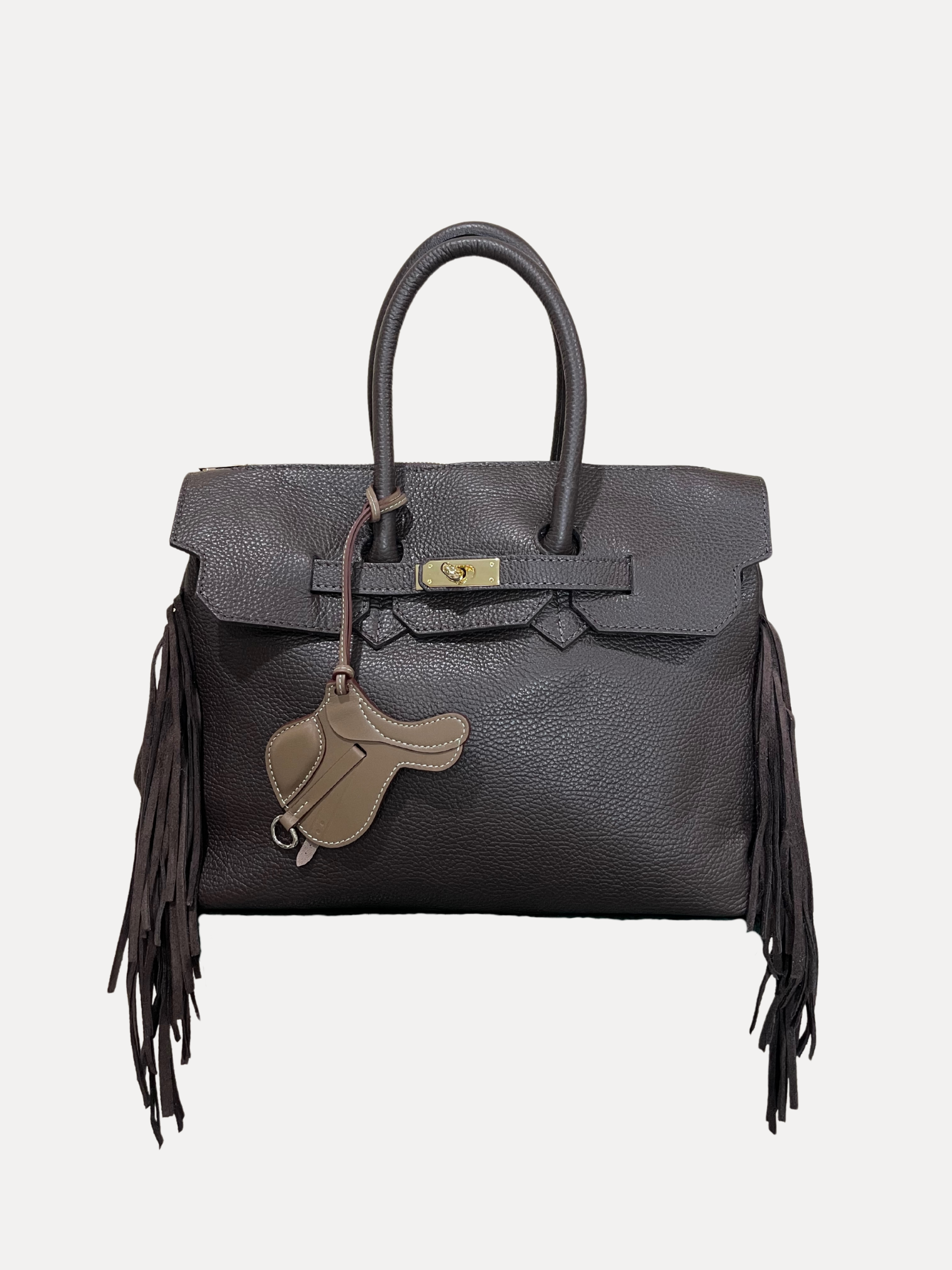 GOLDxTEAL Timeless pebbled leather fringe handbag. Made in Italy.