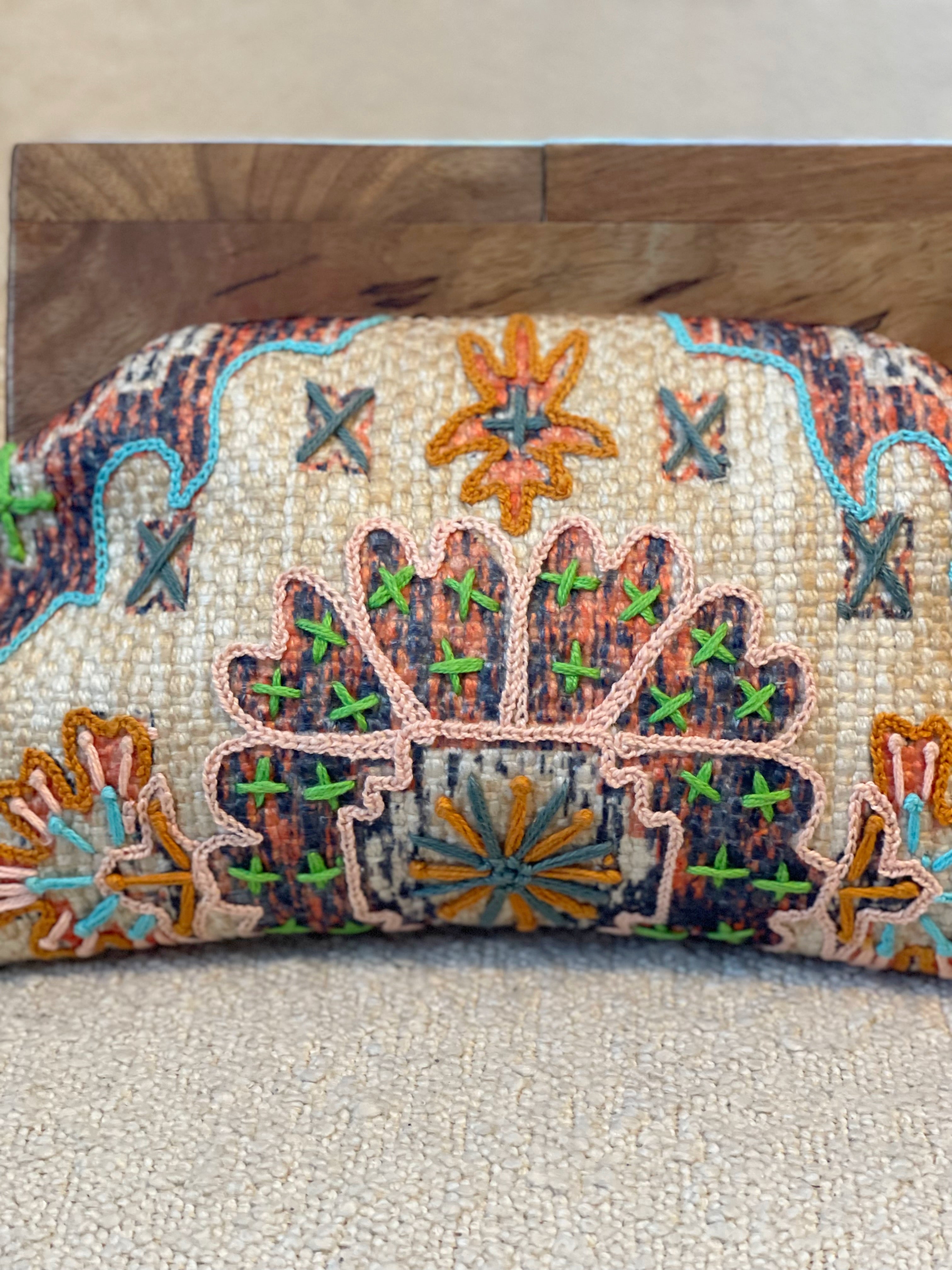 GOLDxTEAL gorgeous handmade embroidered clutch with wooden handle.