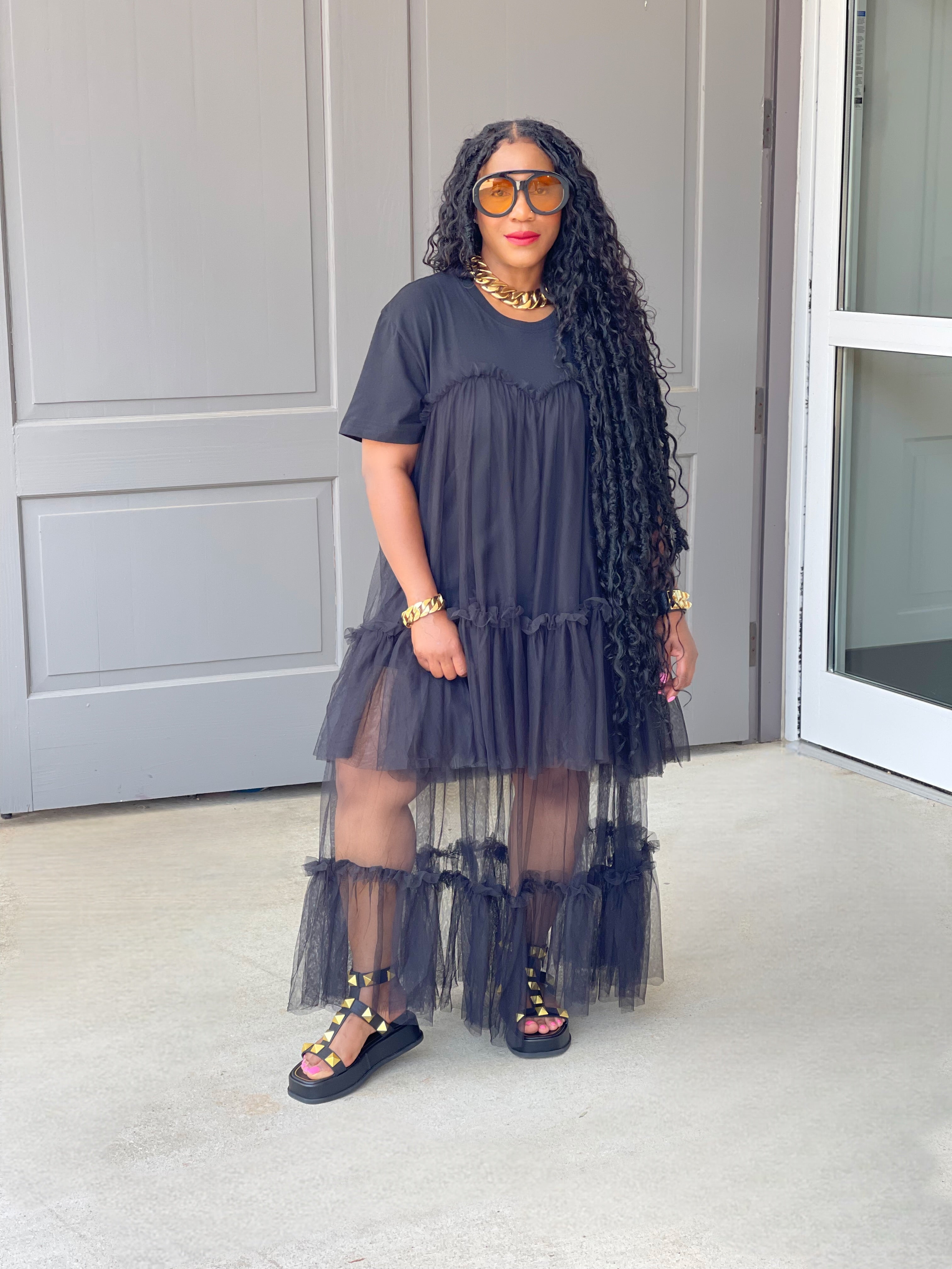 GOLDxTEAL Black Tulle T-shirt Dress.