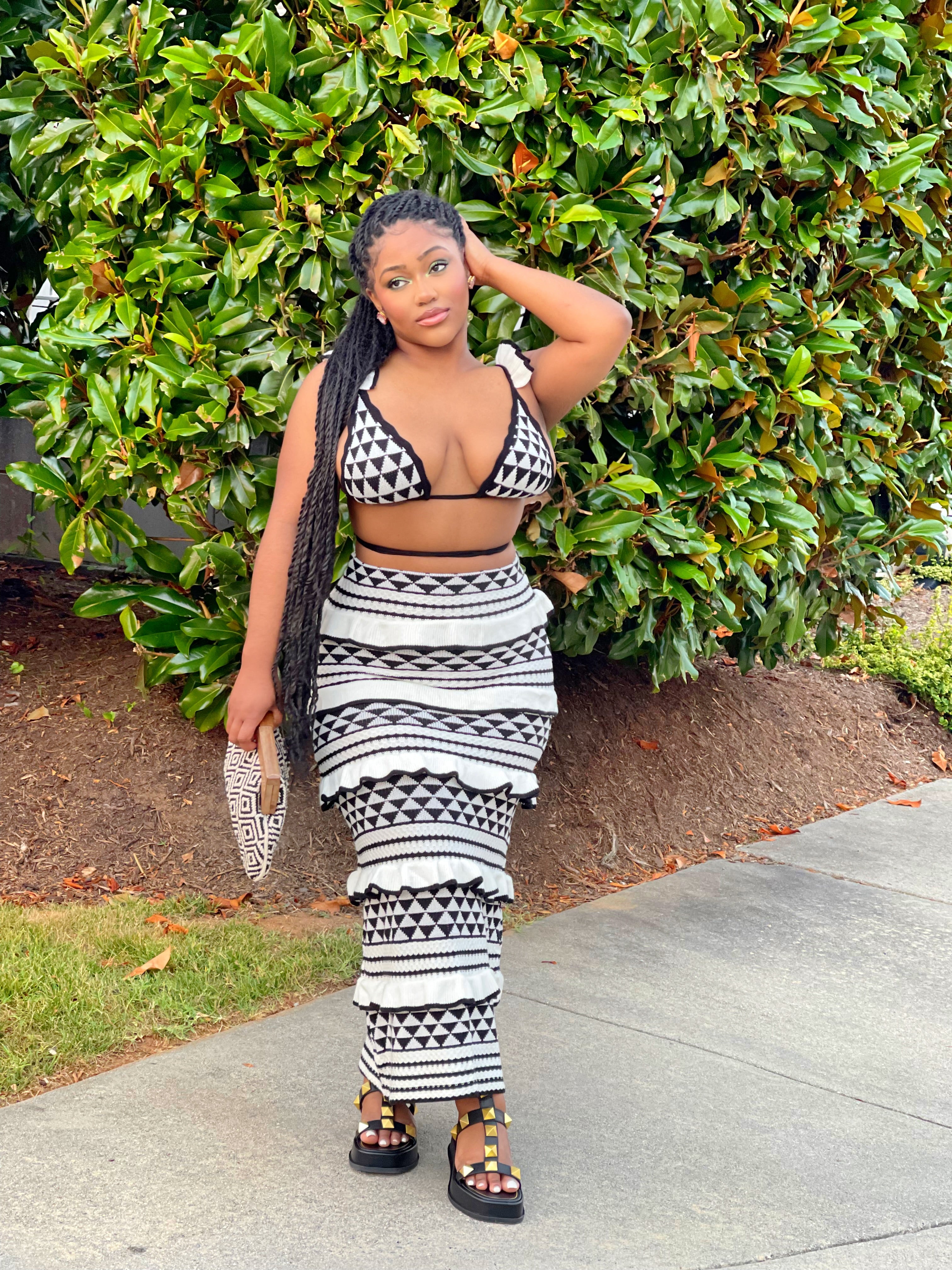 GOLDxTEAL black and white geometric print knitted ruffle skirt set with matching bikini top.