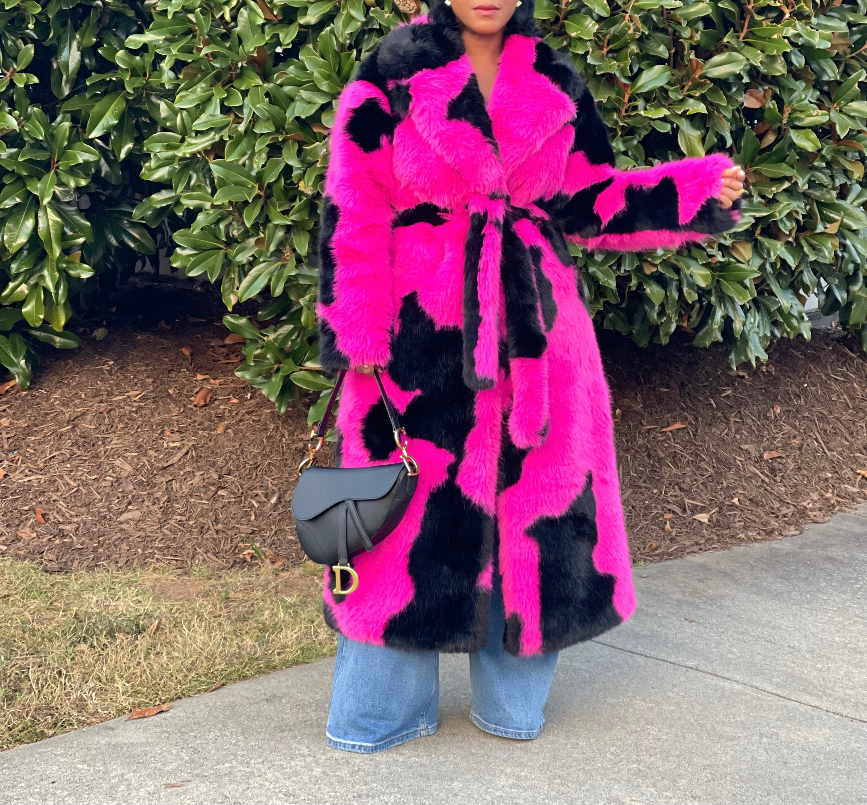 GOLDxTEAL gorgeous pink and black faux fur coat.
