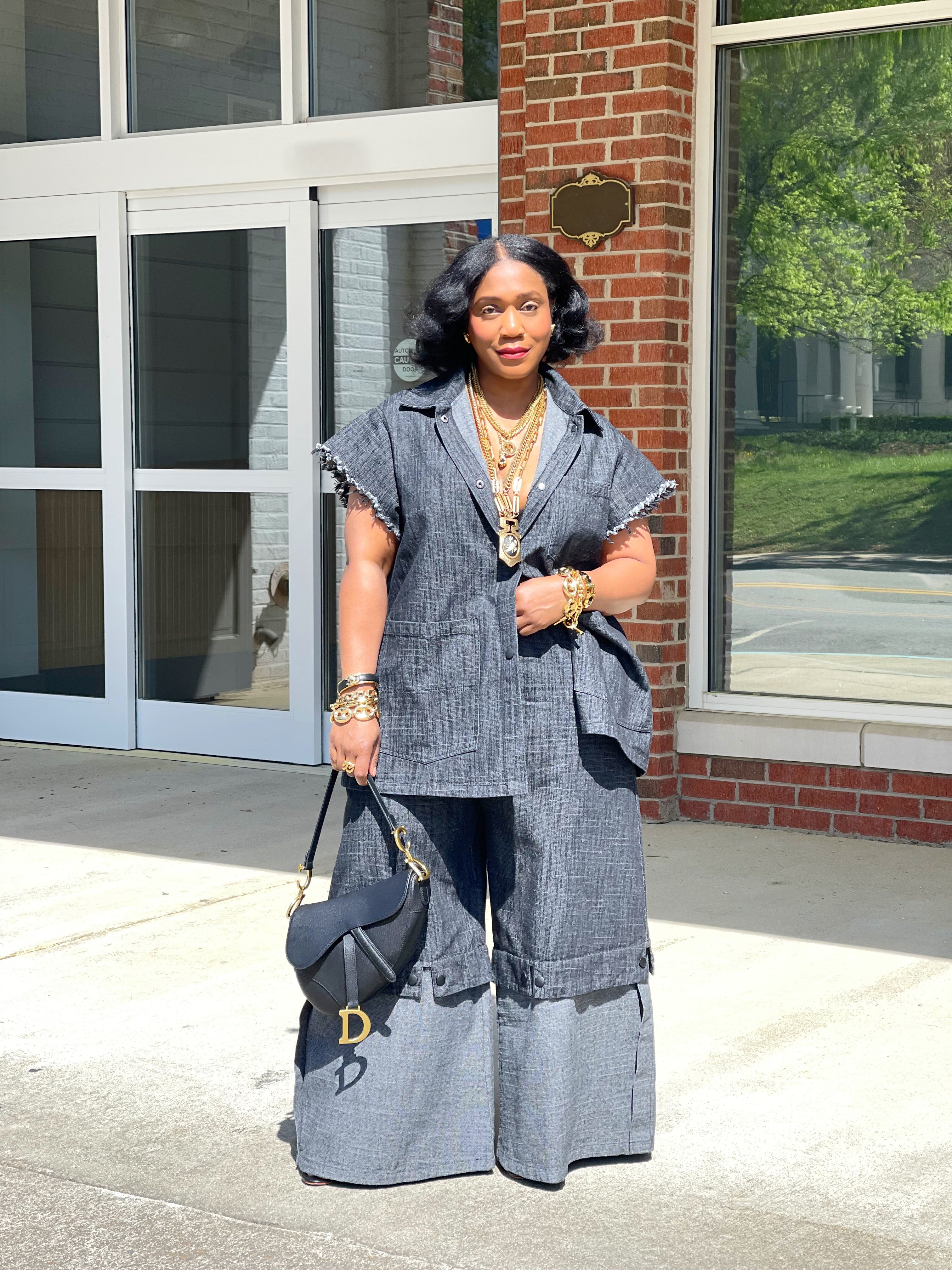 GOLDxTEAL stylish charcoal denim wide leg pant set.