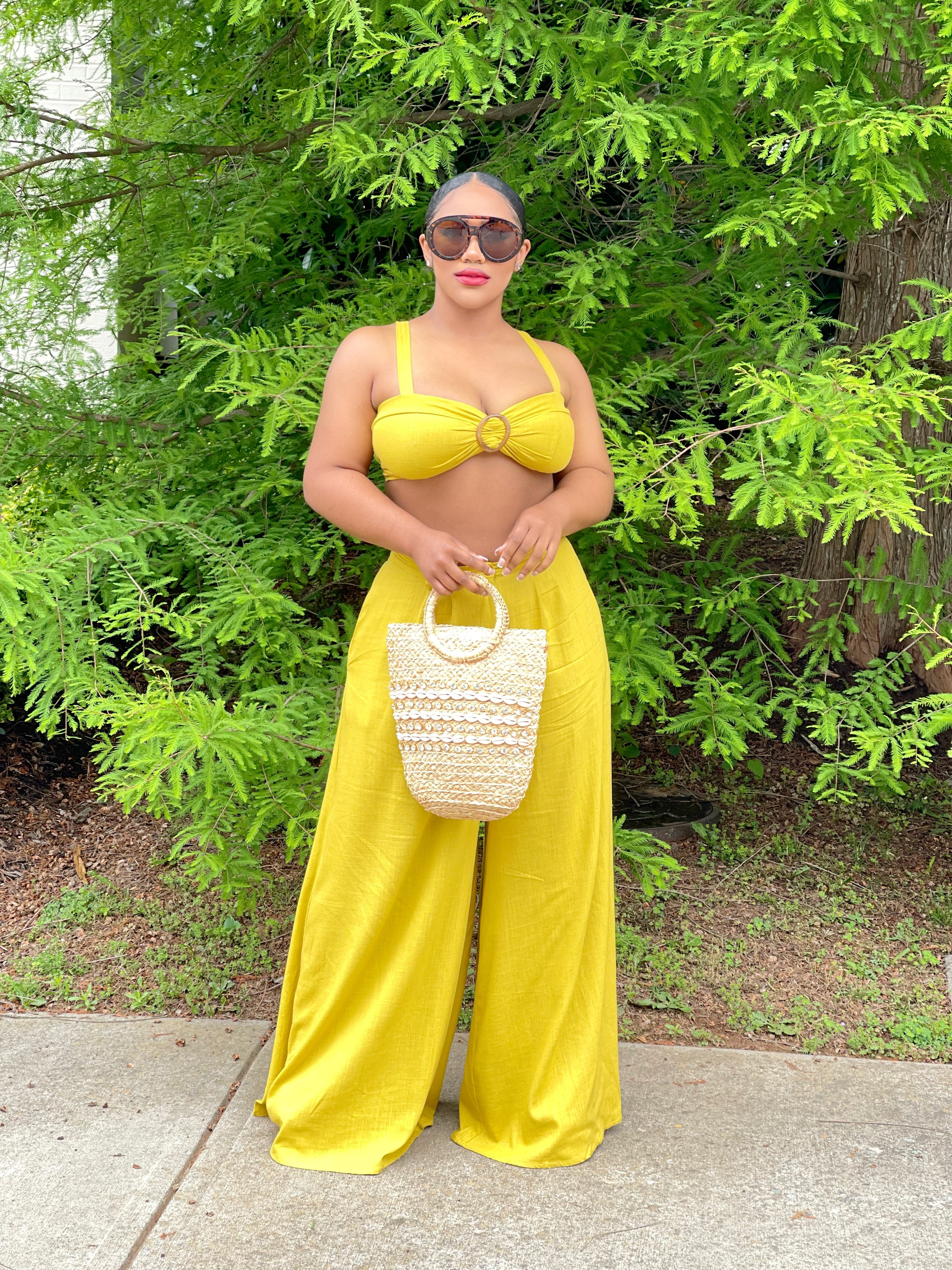 GOLDxTEAL chartreuse color wide leg linen pant set with matching bra top.