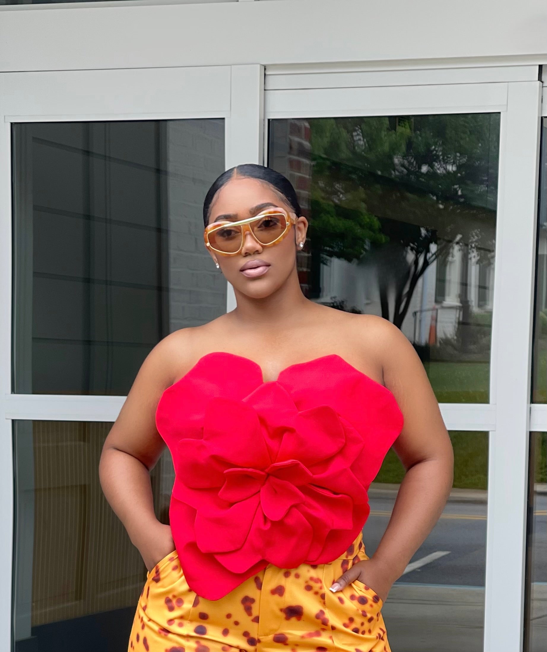 GOLDxTEAL red floral crop top.