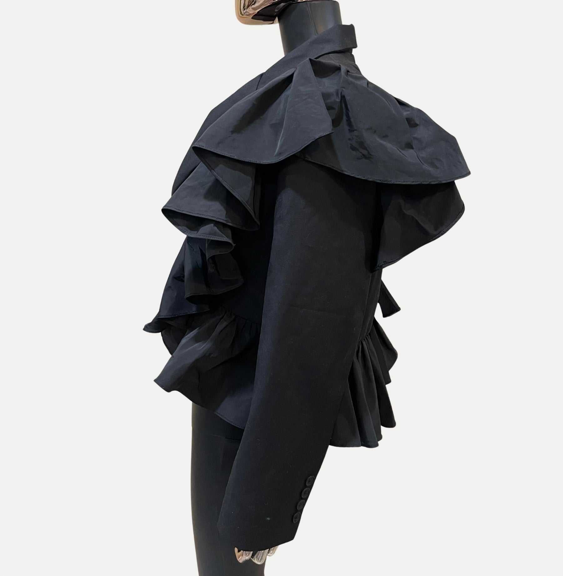 GOLDxTEAL gorgeous black cropped ruffled blazer.