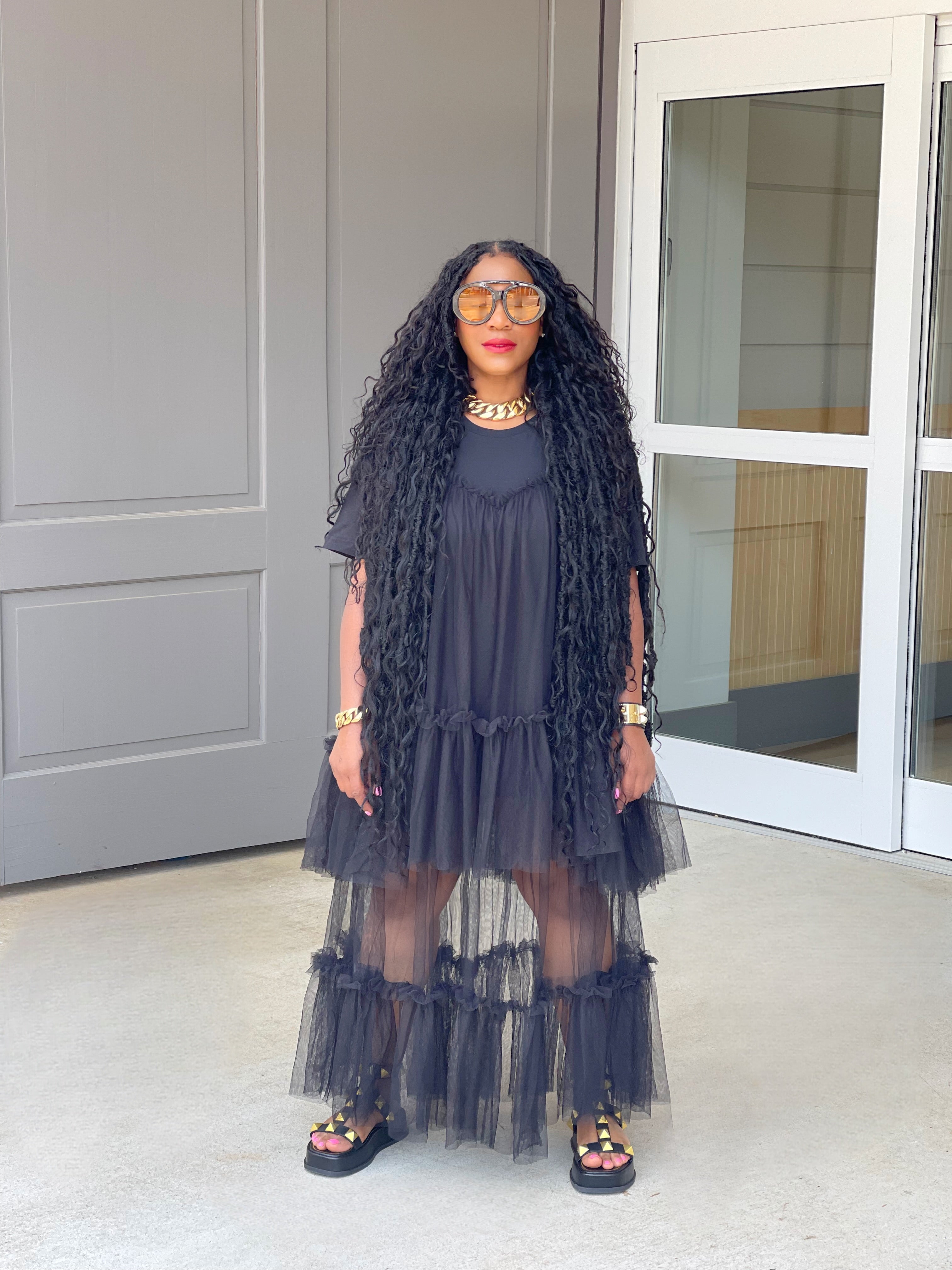 GOLDxTEAL Black Tulle T-shirt Dress.