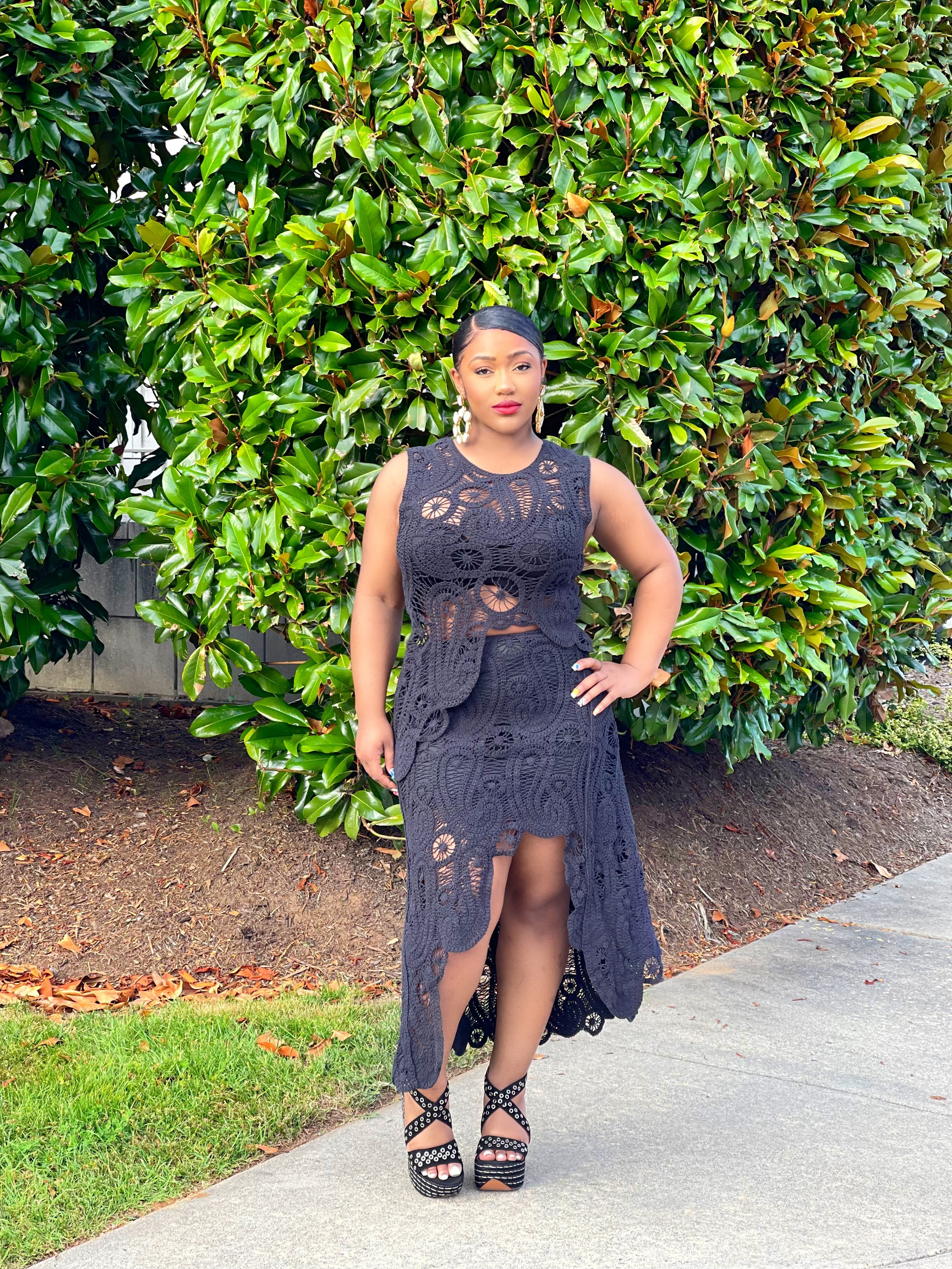 GOLDxTEAL crochet asymmetrical skirt set. Stylish black knitted vacation skirt set.