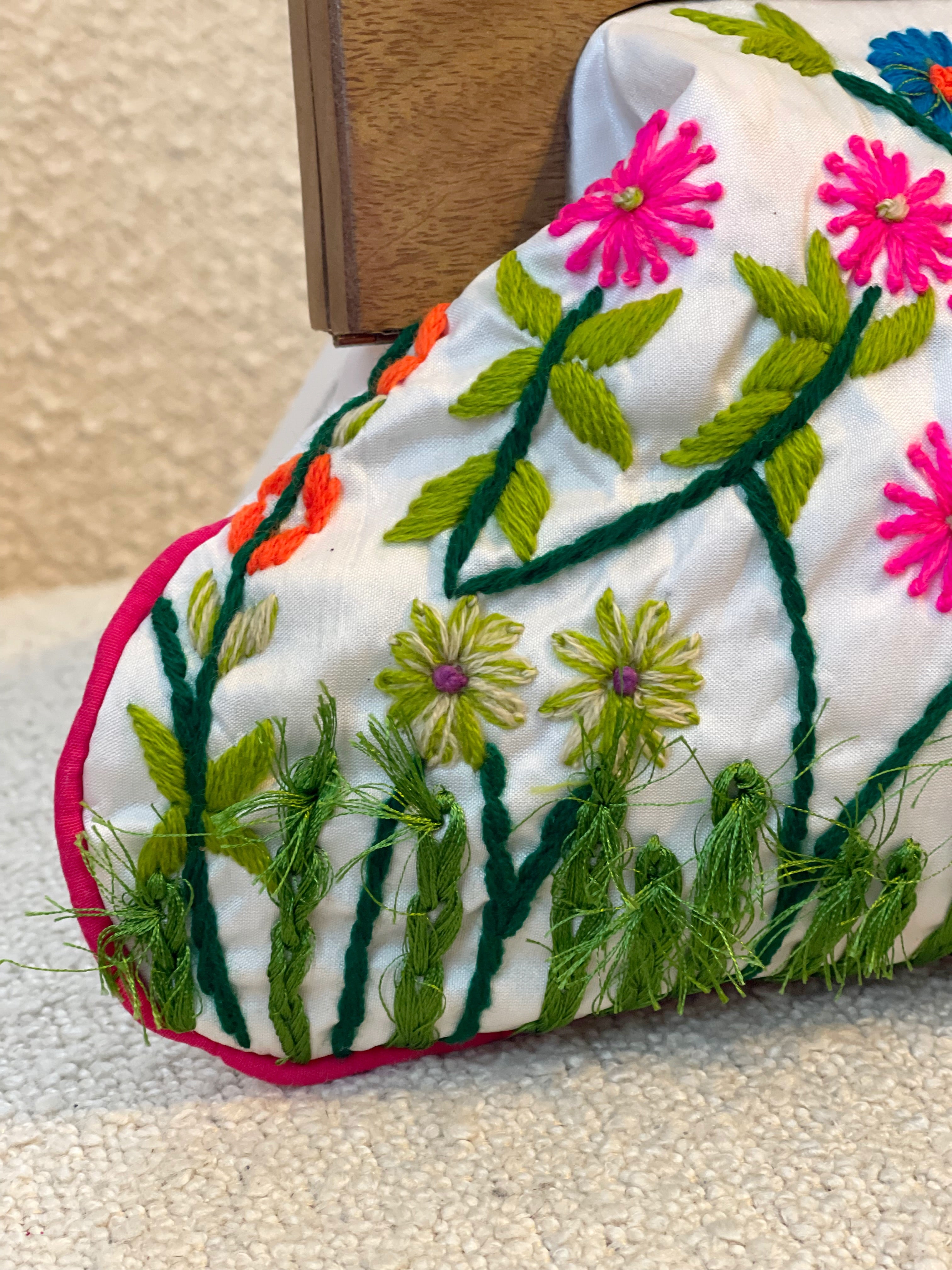 GOLDxTEAL gorgeous colorful embroidered clutch with wooden handle.