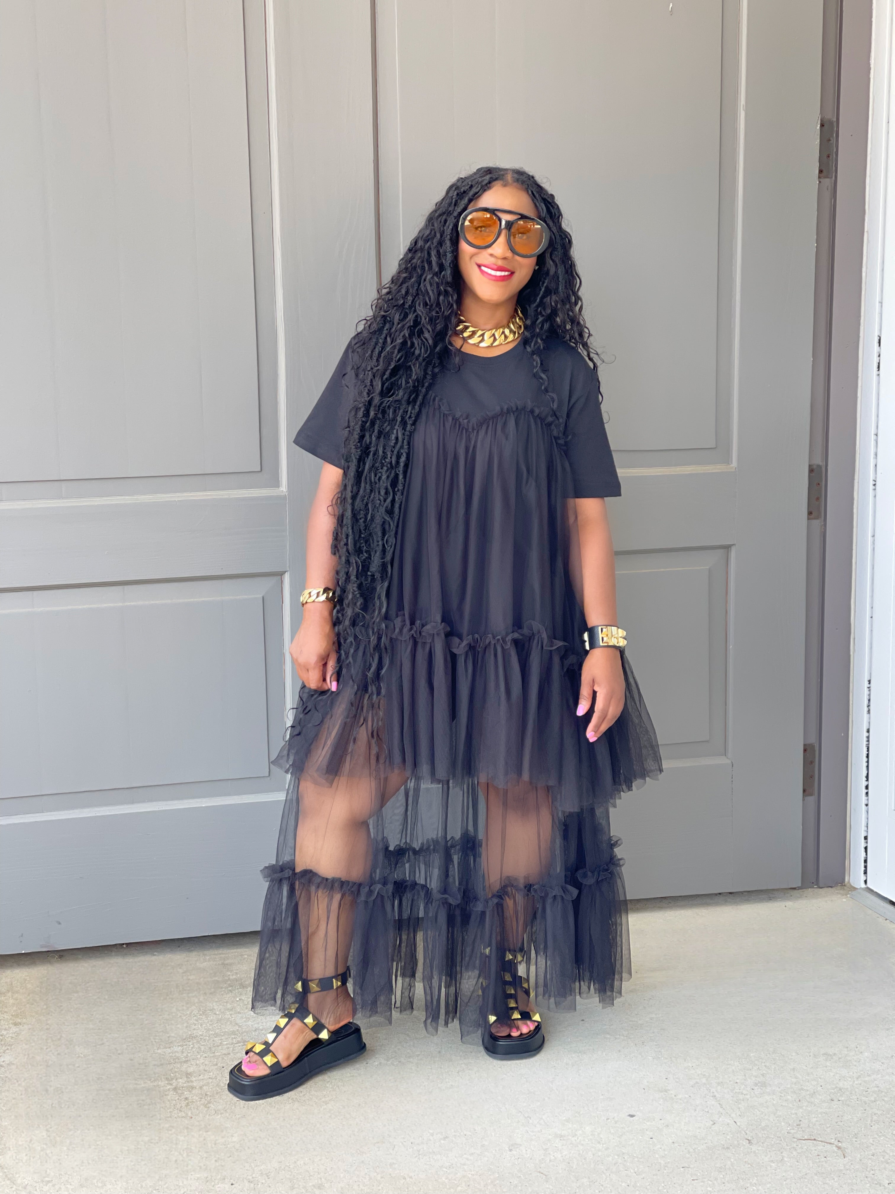 GOLDxTEAL Black Tulle T-shirt Dress.