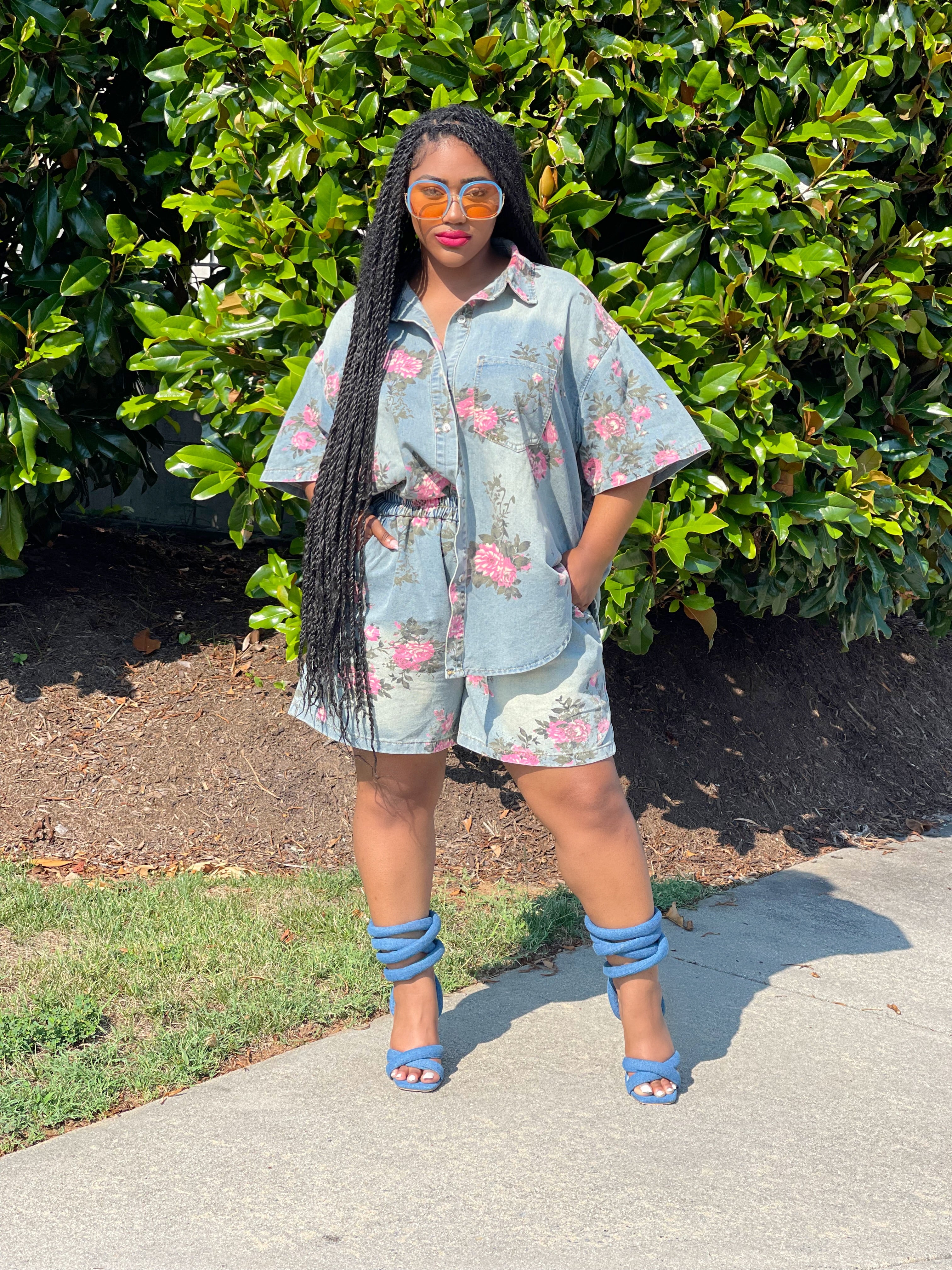 GOLDxTEAL vintage floral print wide leg denim shorts.