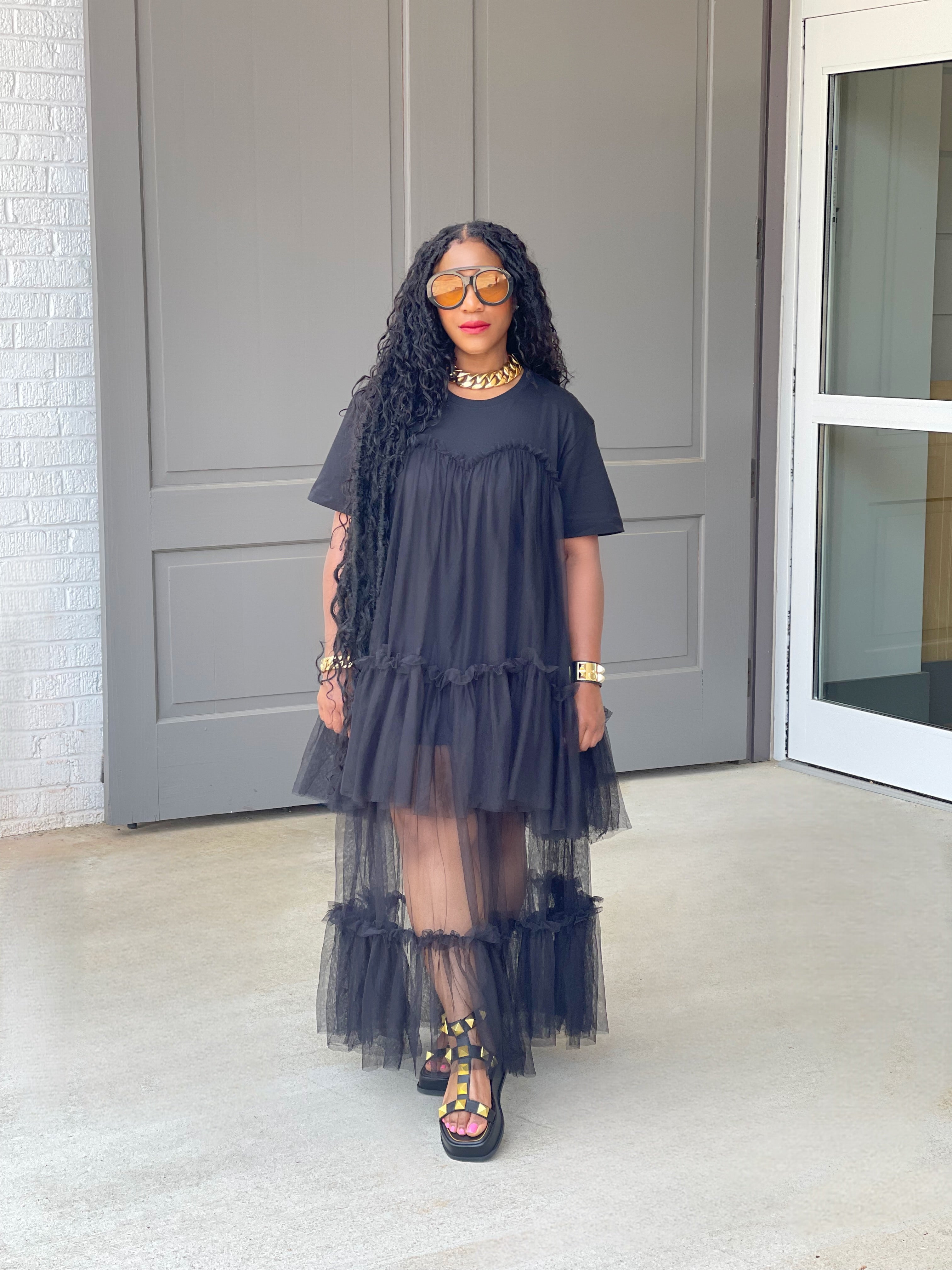 GOLDxTEAL Black Tulle T-shirt Dress.