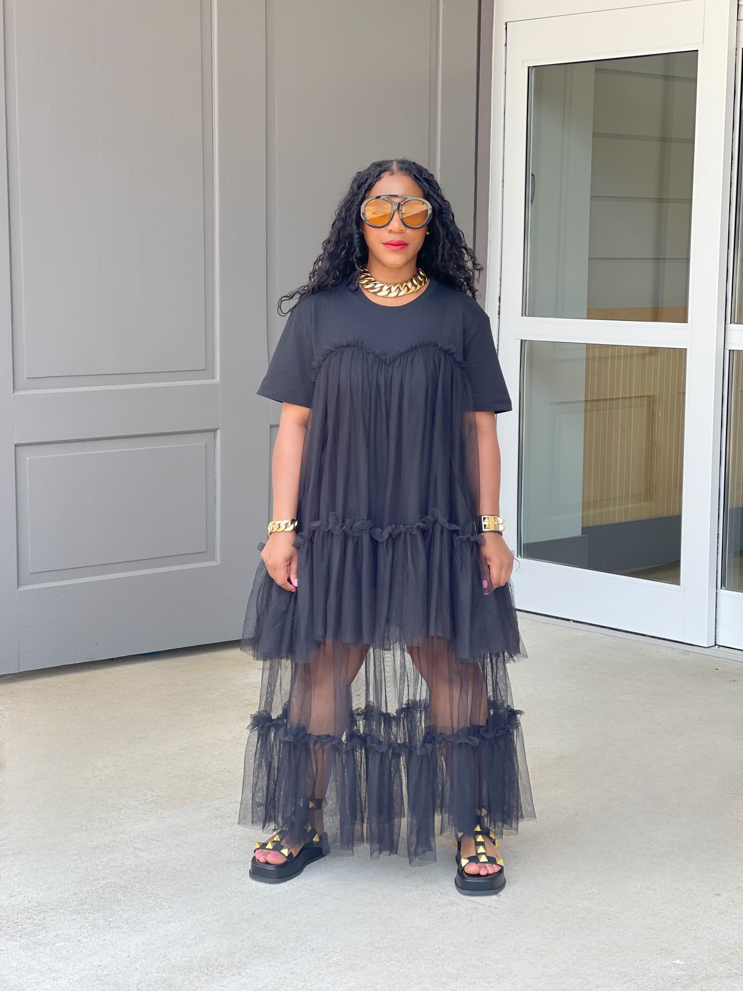 GOLDxTEAL Black Tulle T-shirt Dress.