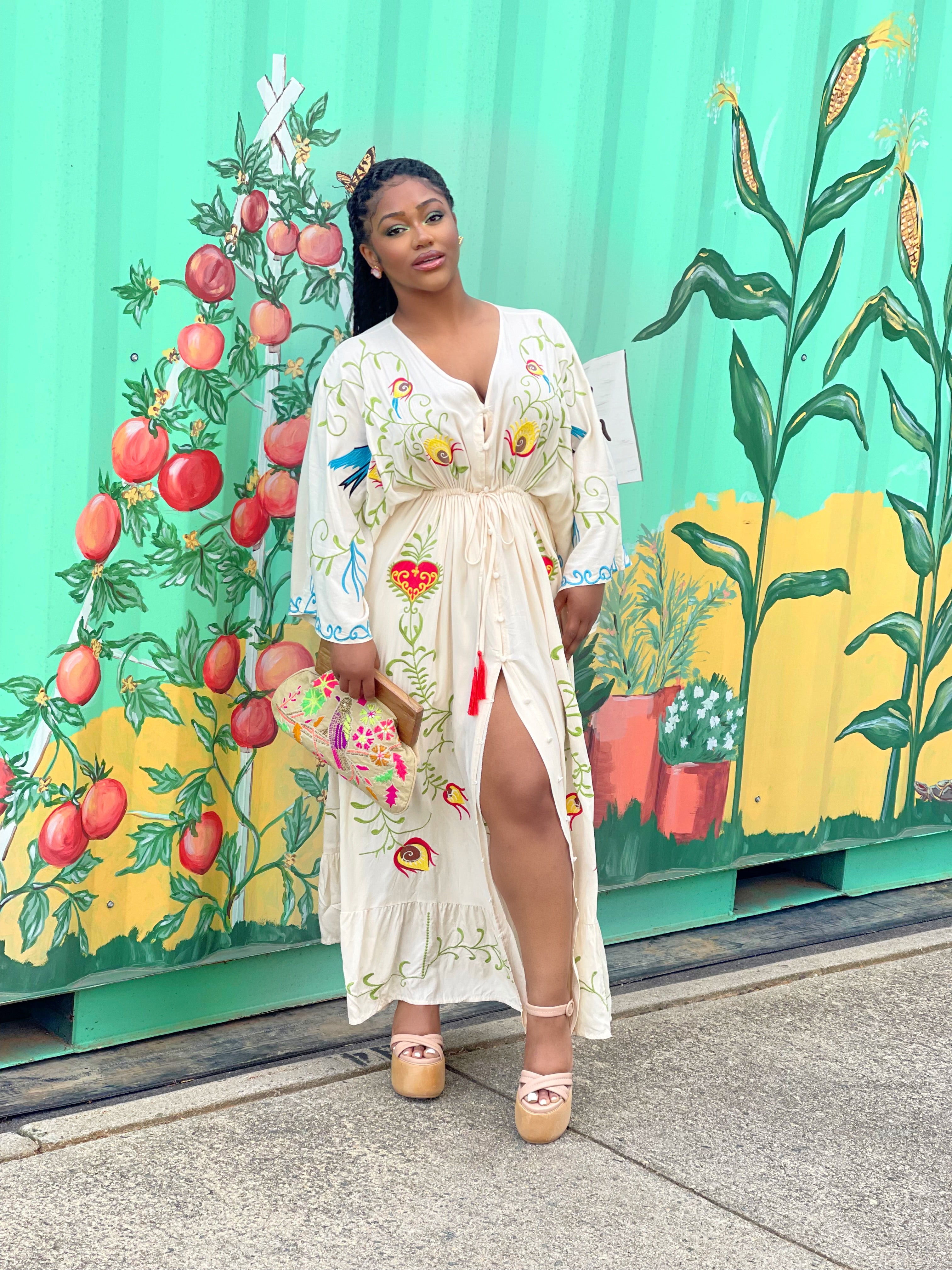 GOLDxTEAL gorgeous colorful embroidered dress with kimono style sleeves.