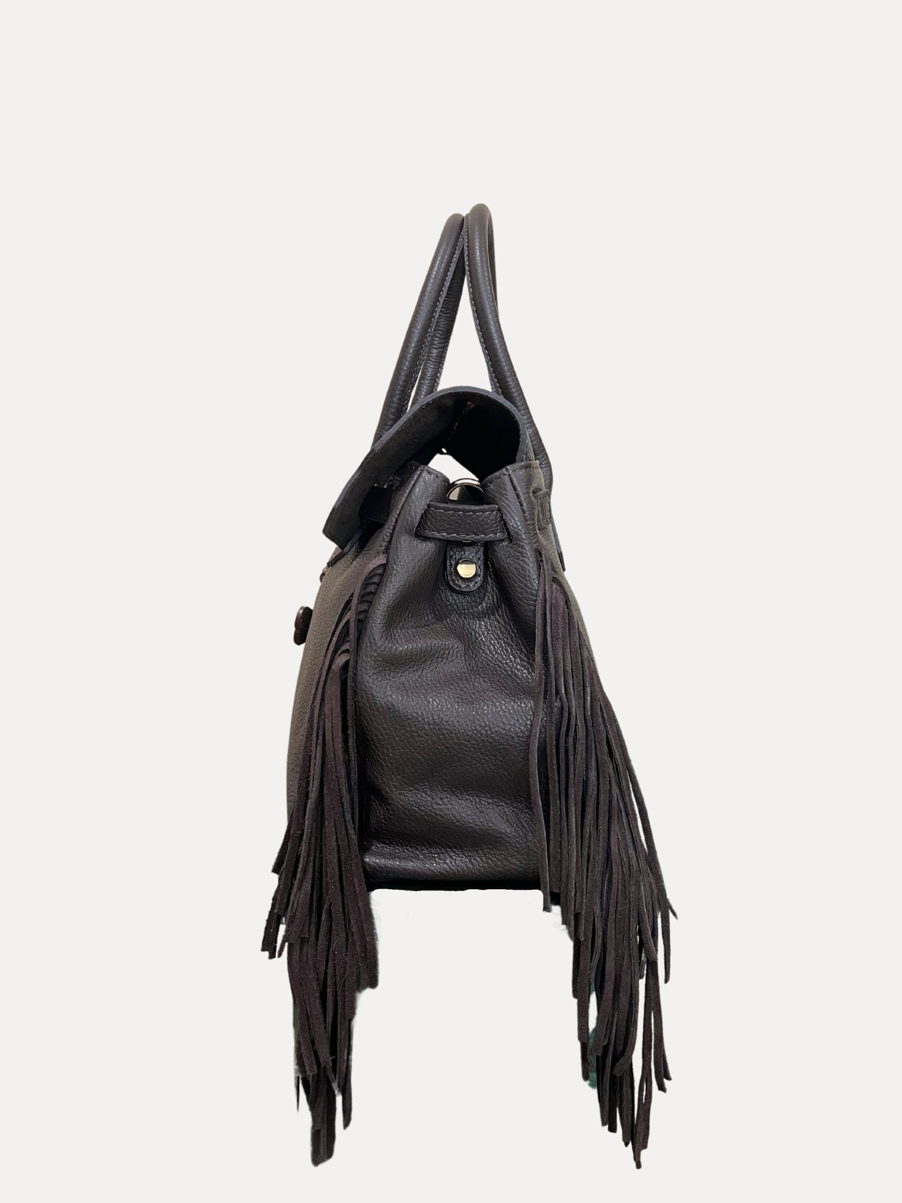 GOLDxTEAL Timeless pebbled leather fringe handbag. Made in Italy.