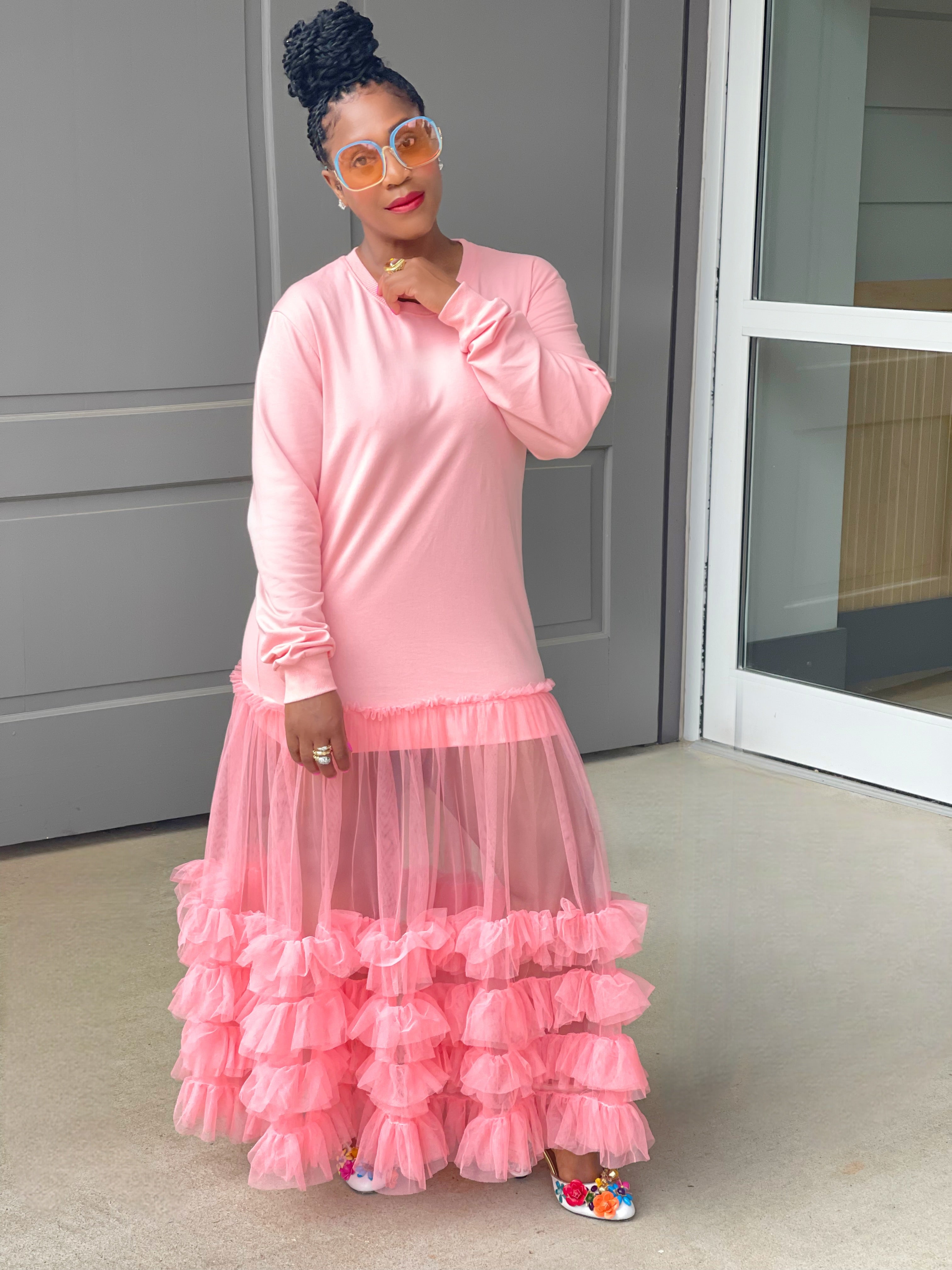 GOLDxTEAL Pink ruffle sweatshirt dress.