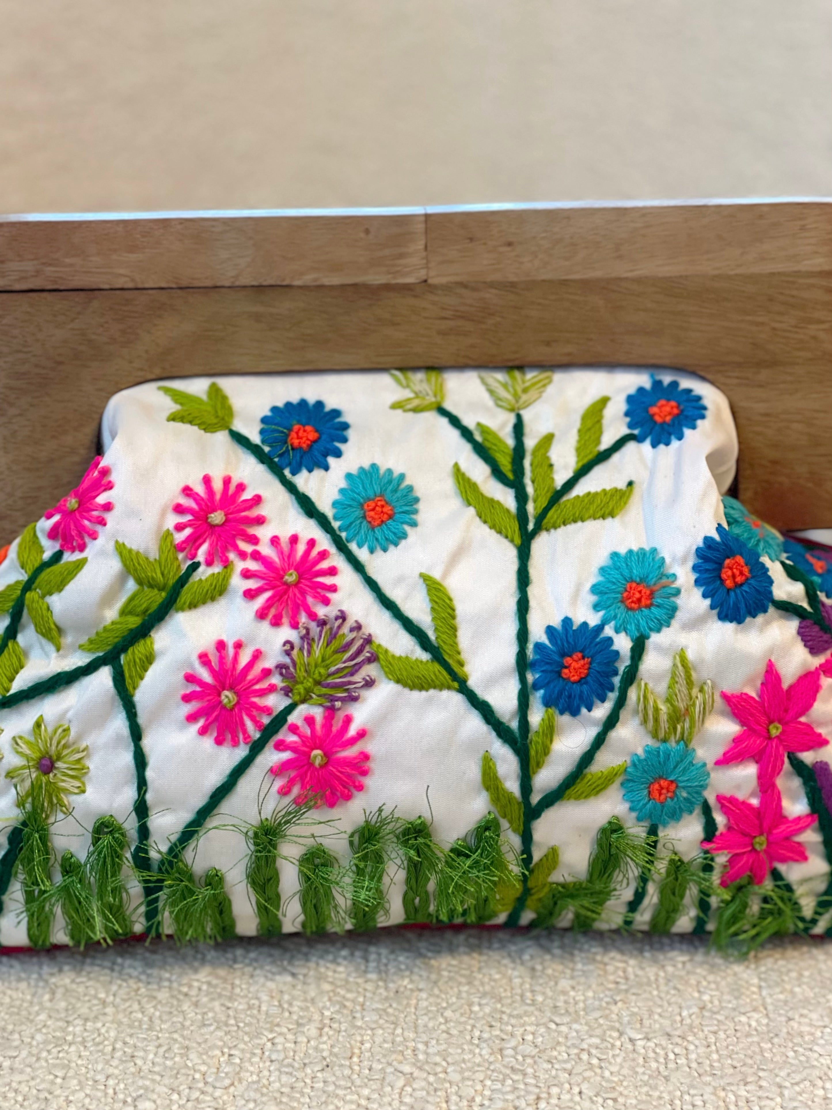 GOLDxTEAL gorgeous colorful embroidered clutch with wooden handle.