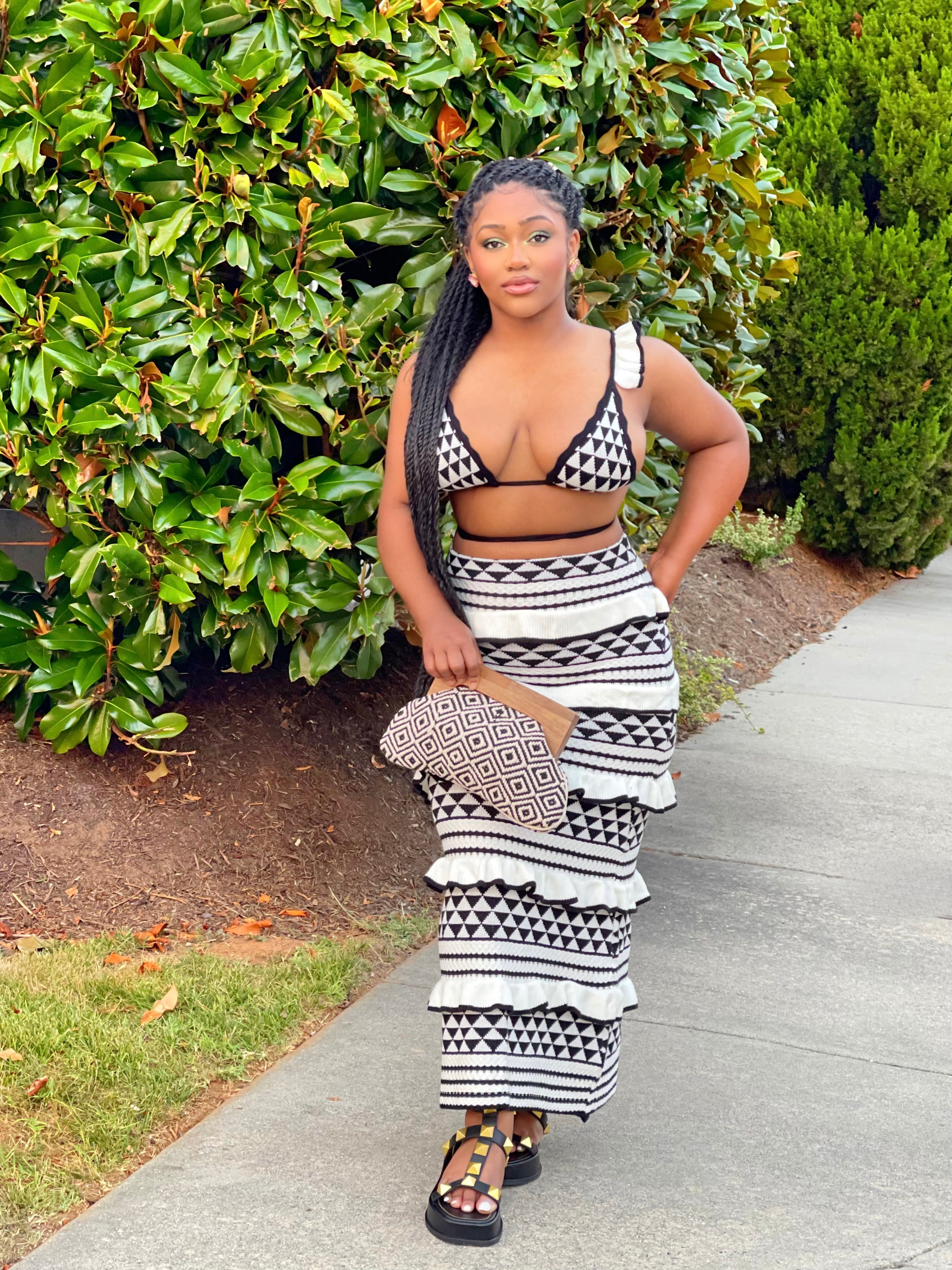 GOLDxTEAL black and white geometric print knitted ruffle skirt set with matching bikini top.