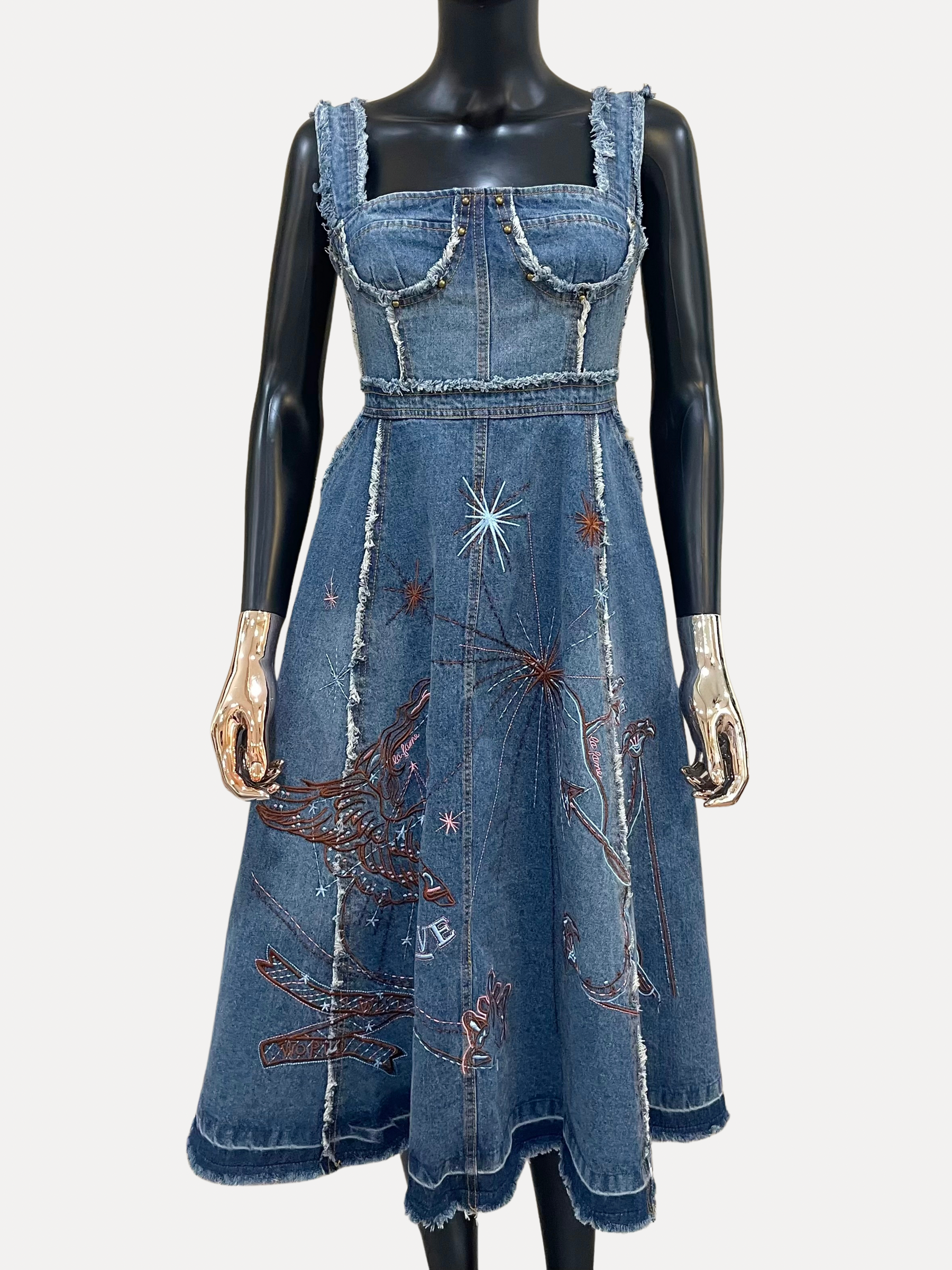 GOLDxTEAL gorgeous denim embroidered midi dress.