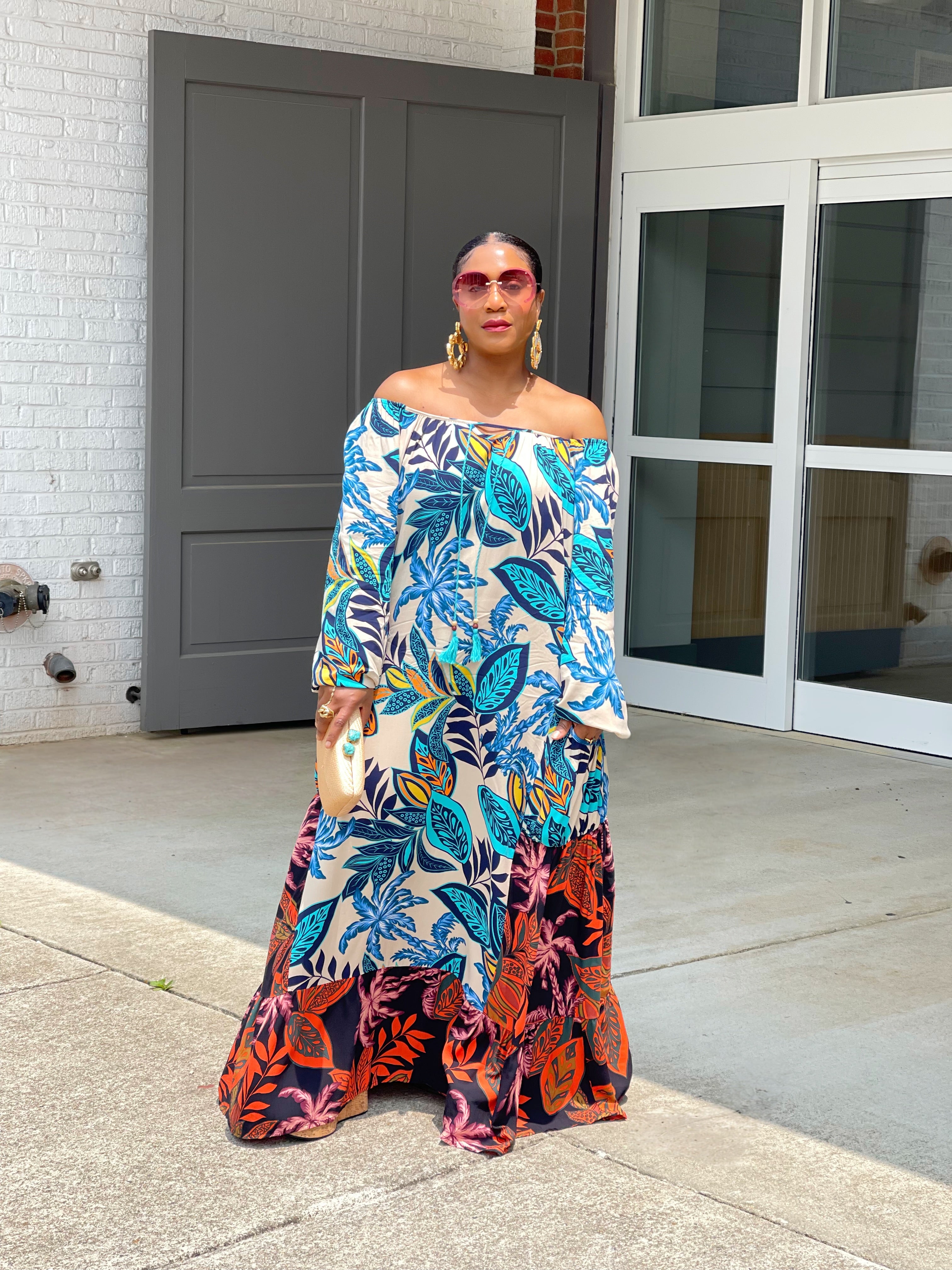 GOLDxTEAL colorful printed paneled maxi dress.