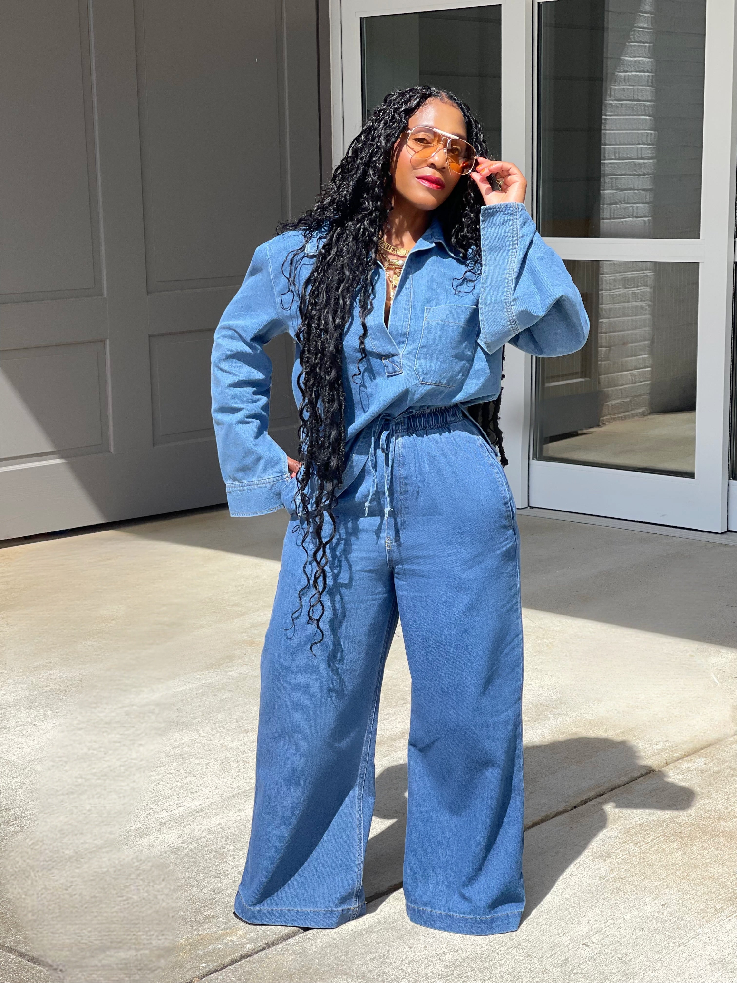 GOLDxTEAL denim wide leg pant set.
