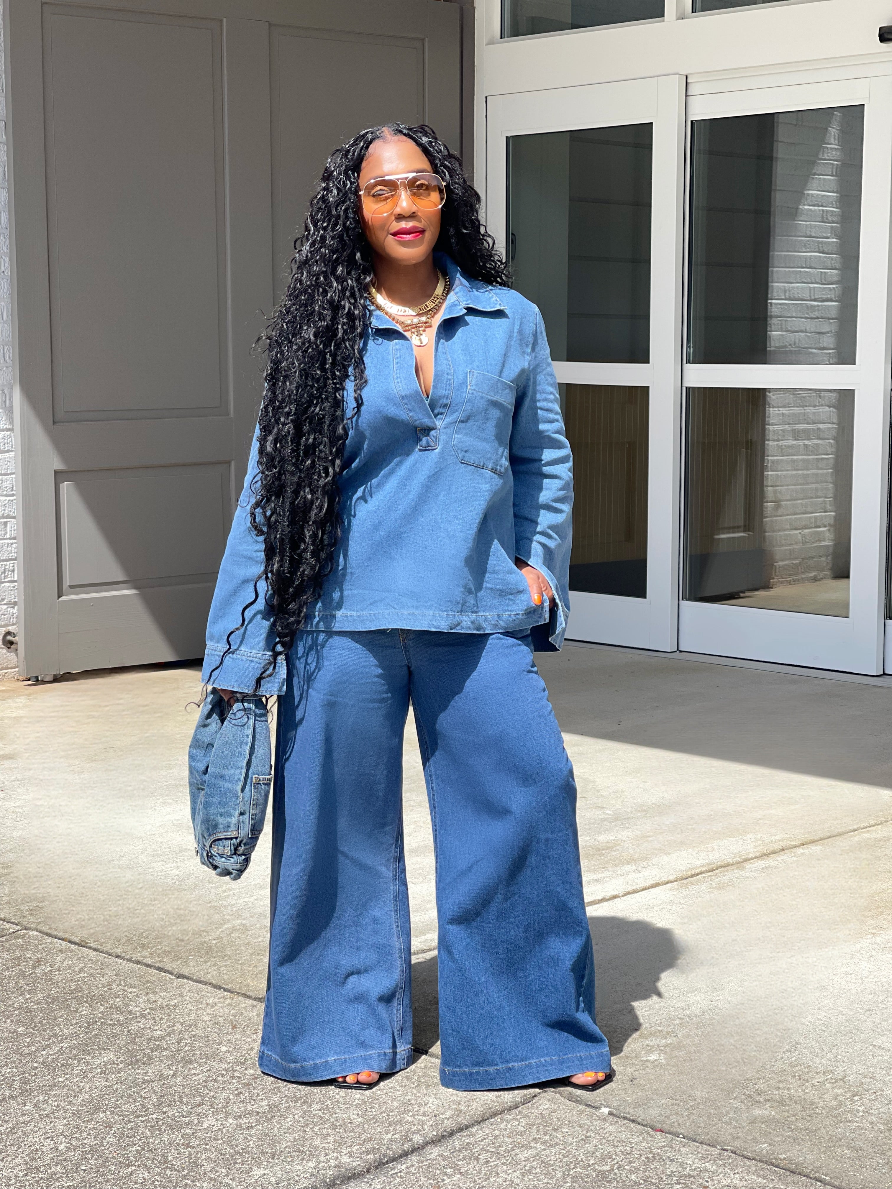 GOLDxTEAL denim wide leg pant set.