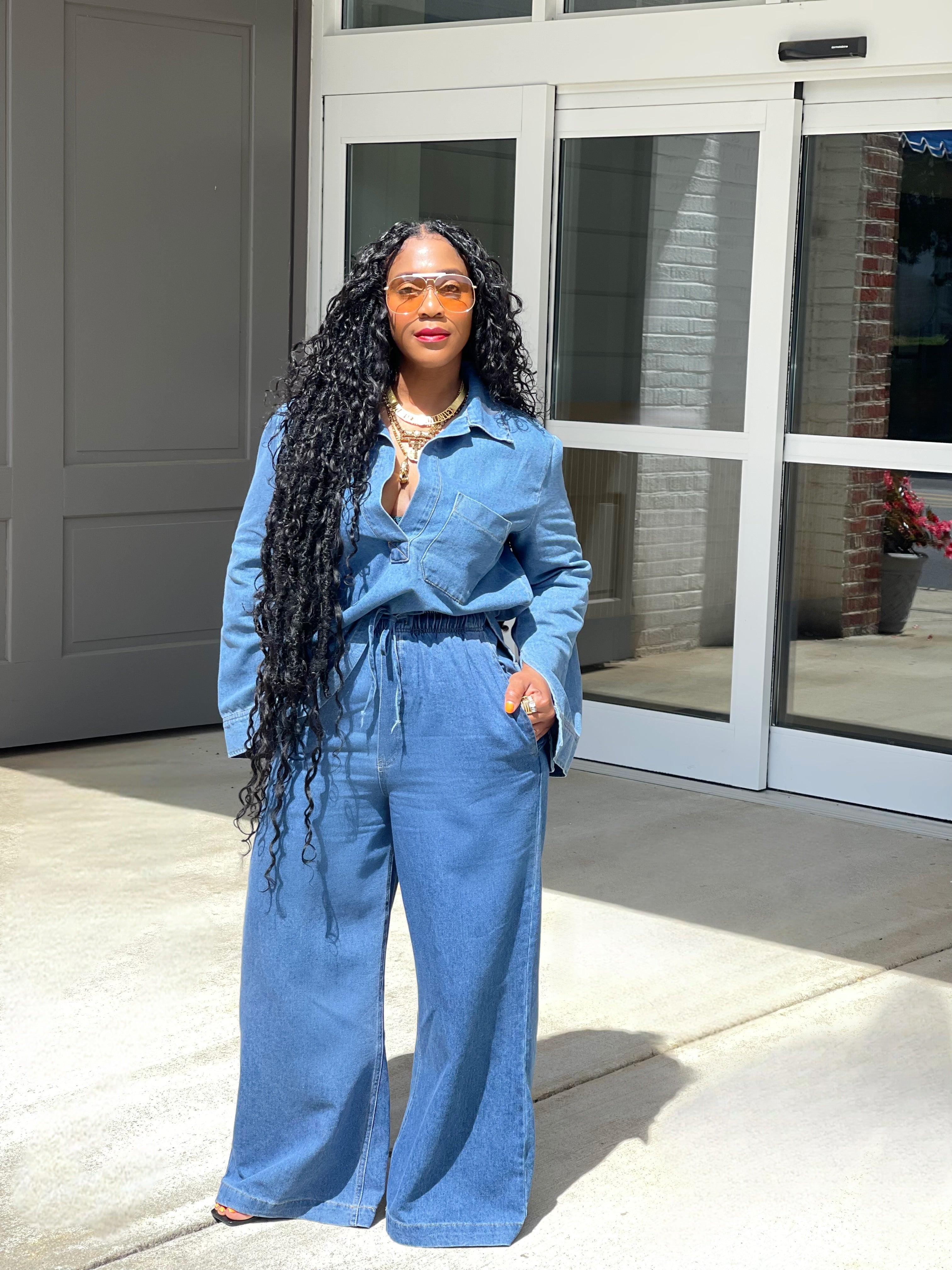GOLDxTEAL denim wide leg pant set.