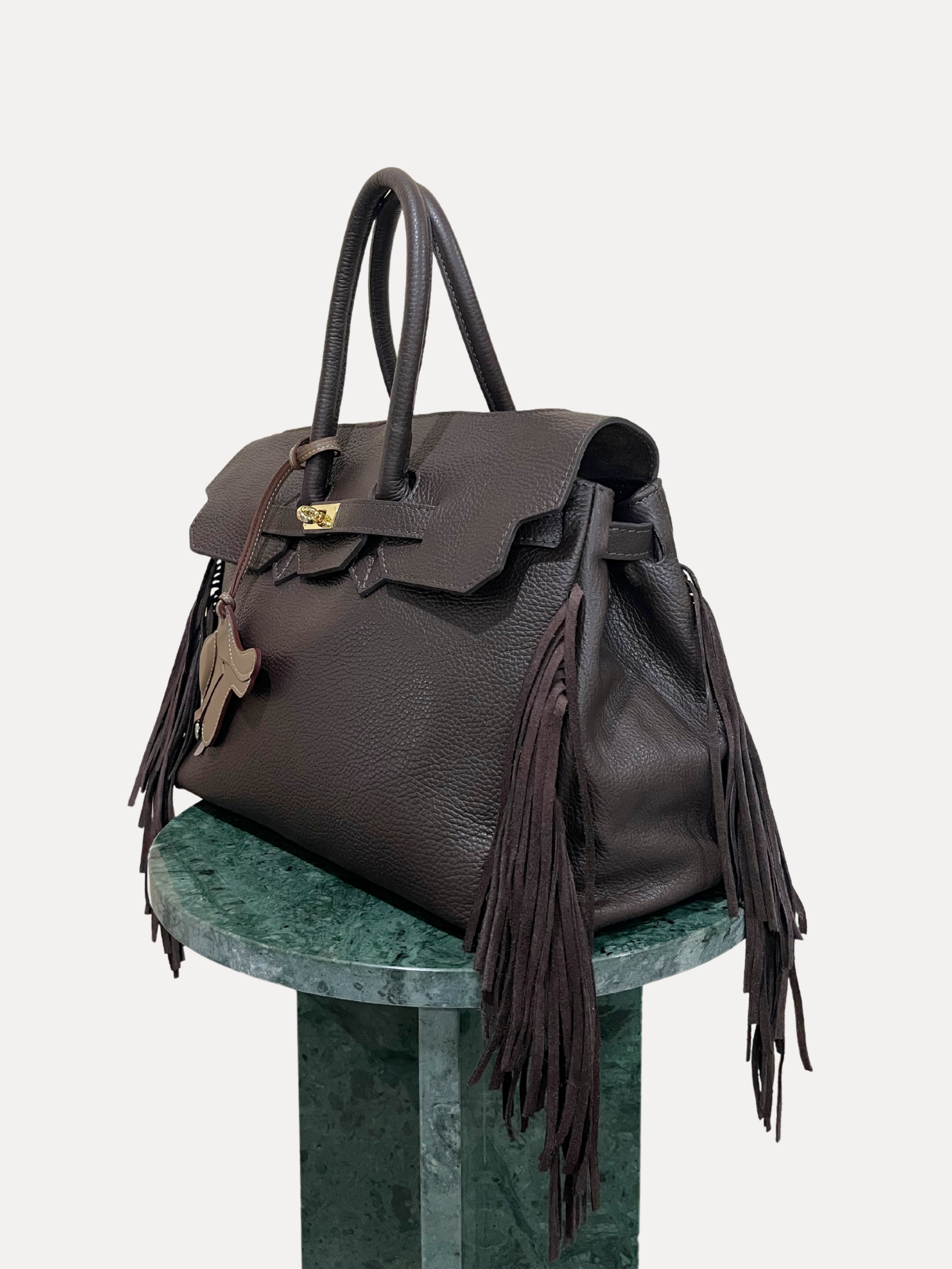 GOLDxTEAL Timeless pebbled leather fringe handbag. Made in Italy.