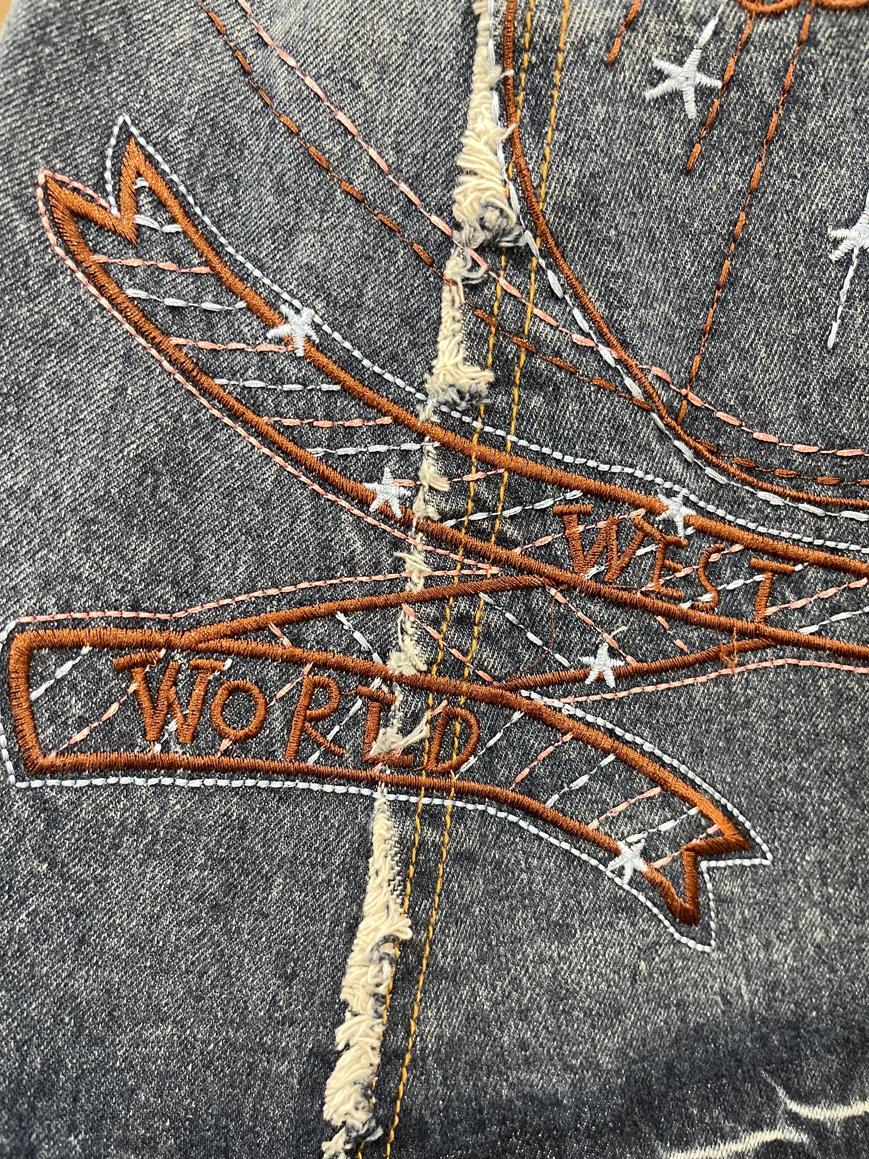 GOLDxTEAL gorgeous denim embroidered midi dress.