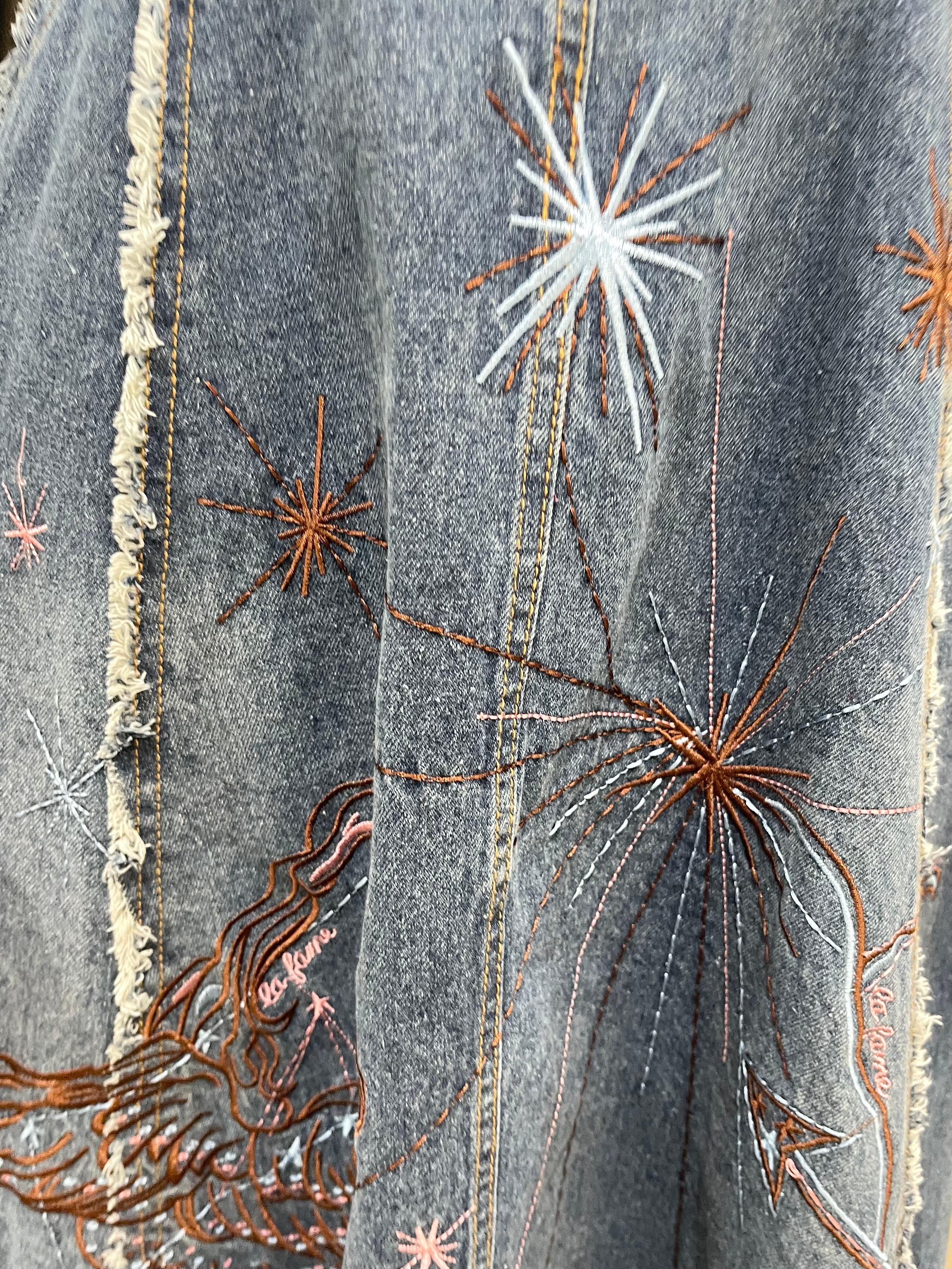 GOLDxTEAL gorgeous denim embroidered midi dress.