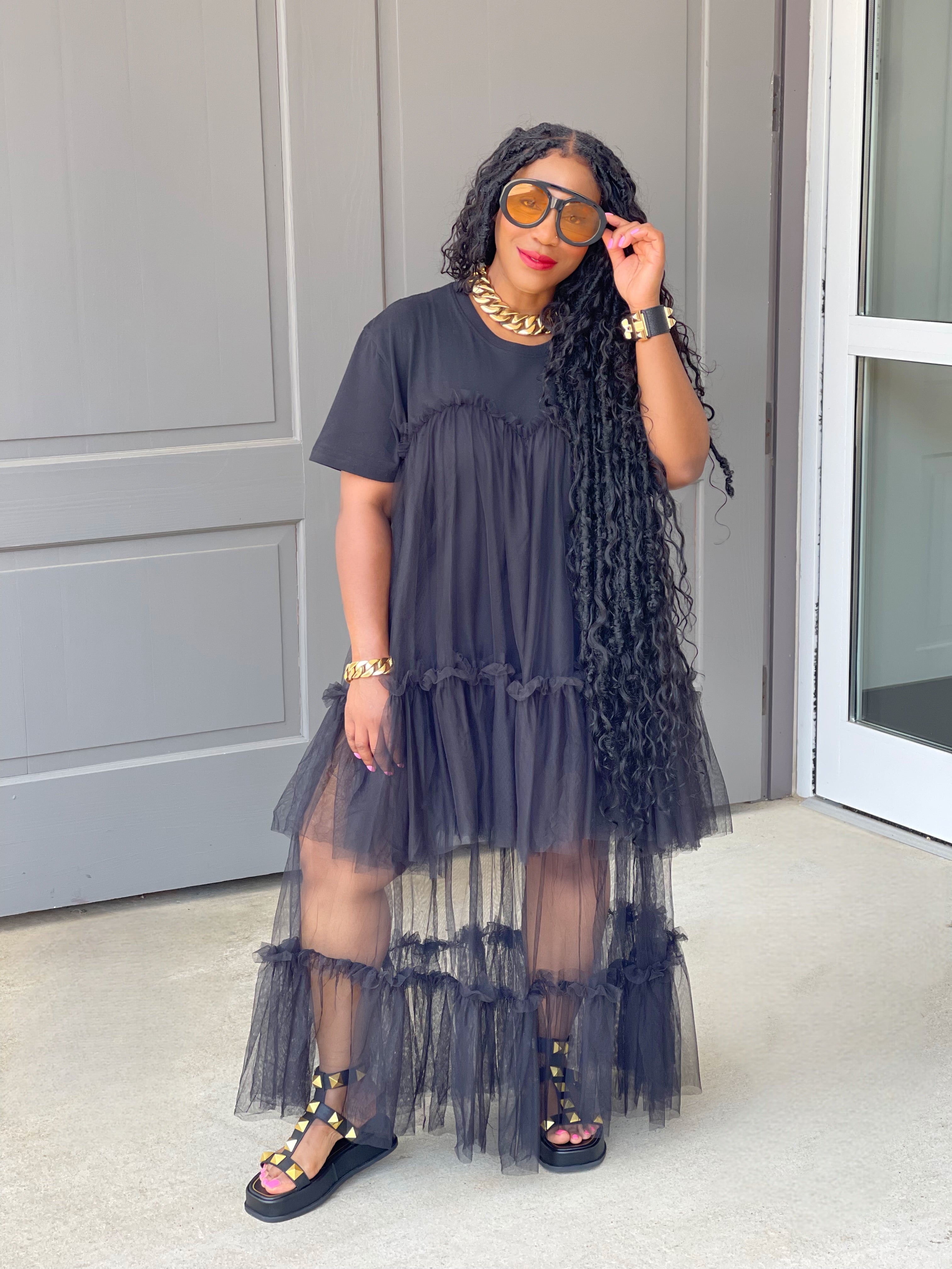 GOLDxTEAL Black Tulle T-shirt Dress.