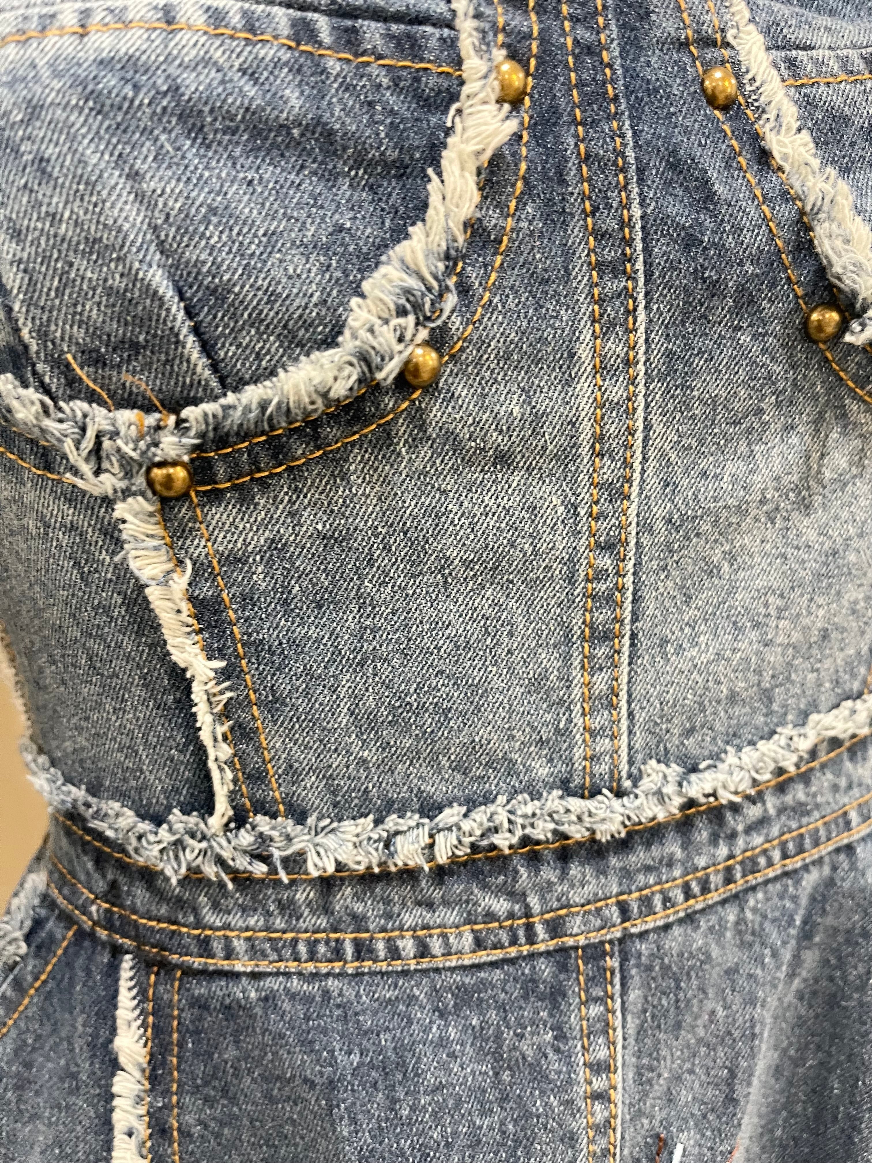 GOLDxTEAL gorgeous denim embroidered midi dress.