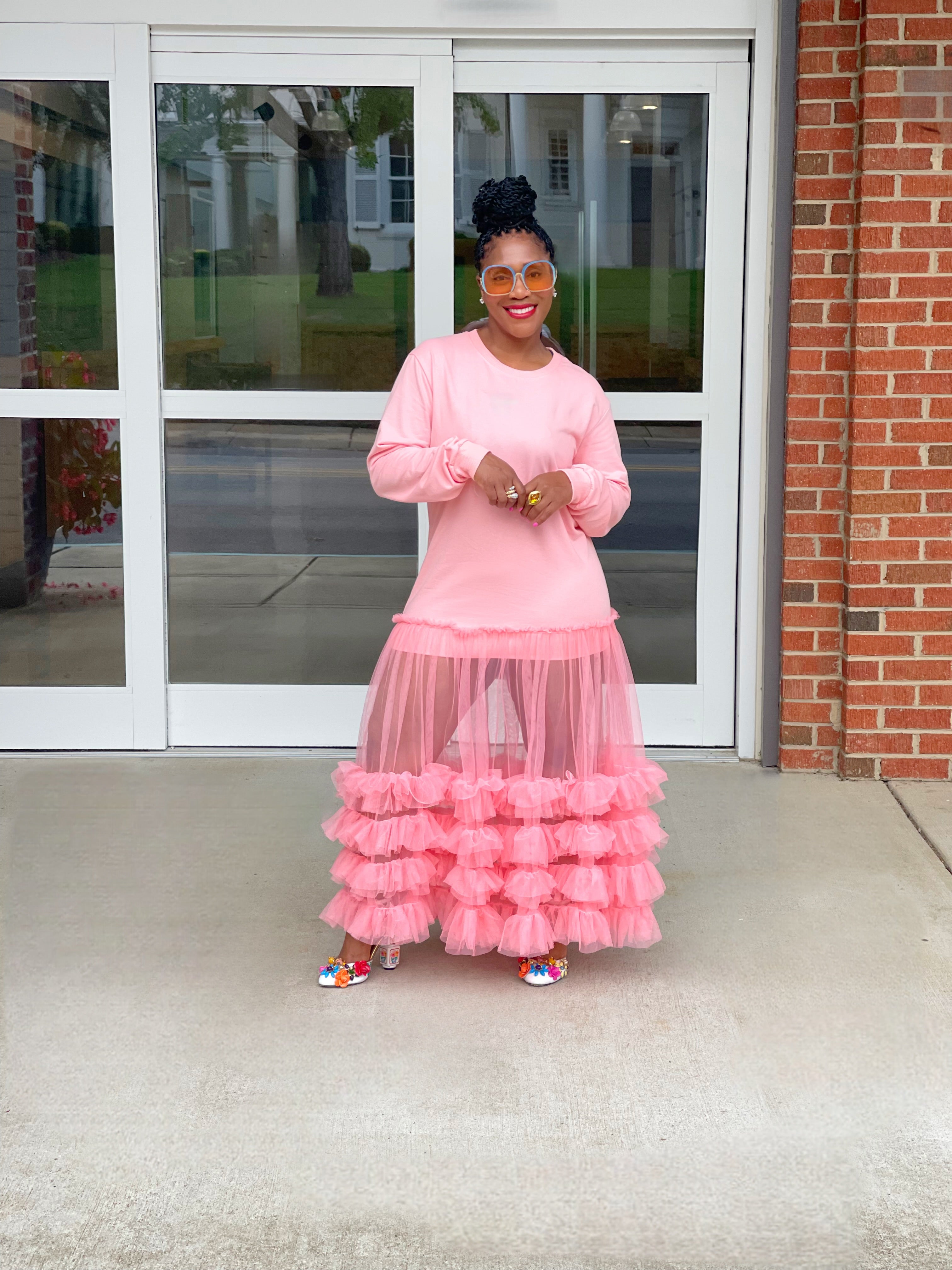 GOLDxTEAL Pink ruffle sweatshirt dress.