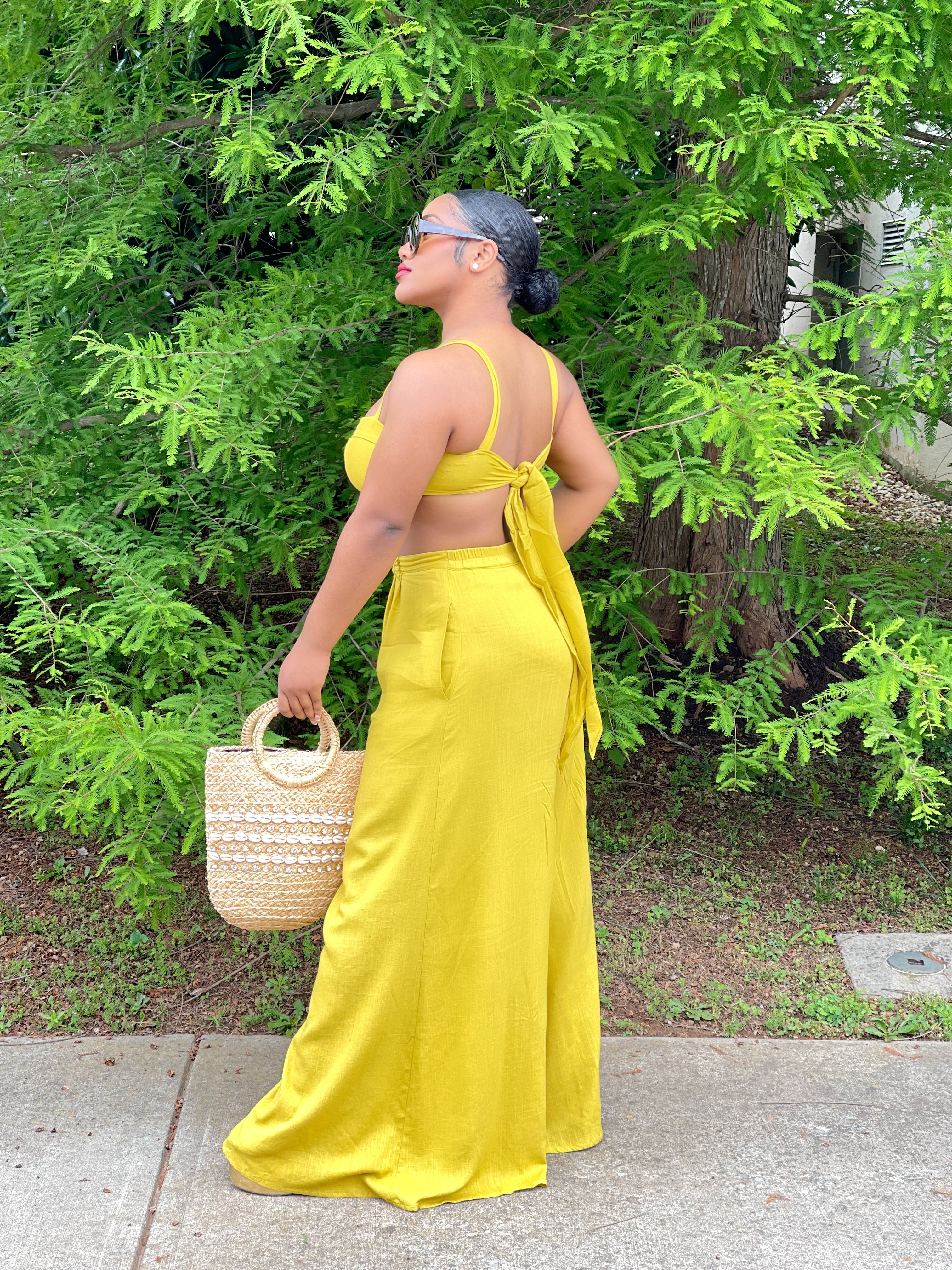 GOLDxTEAL chartreuse color wide leg linen pant set with matching bra top.