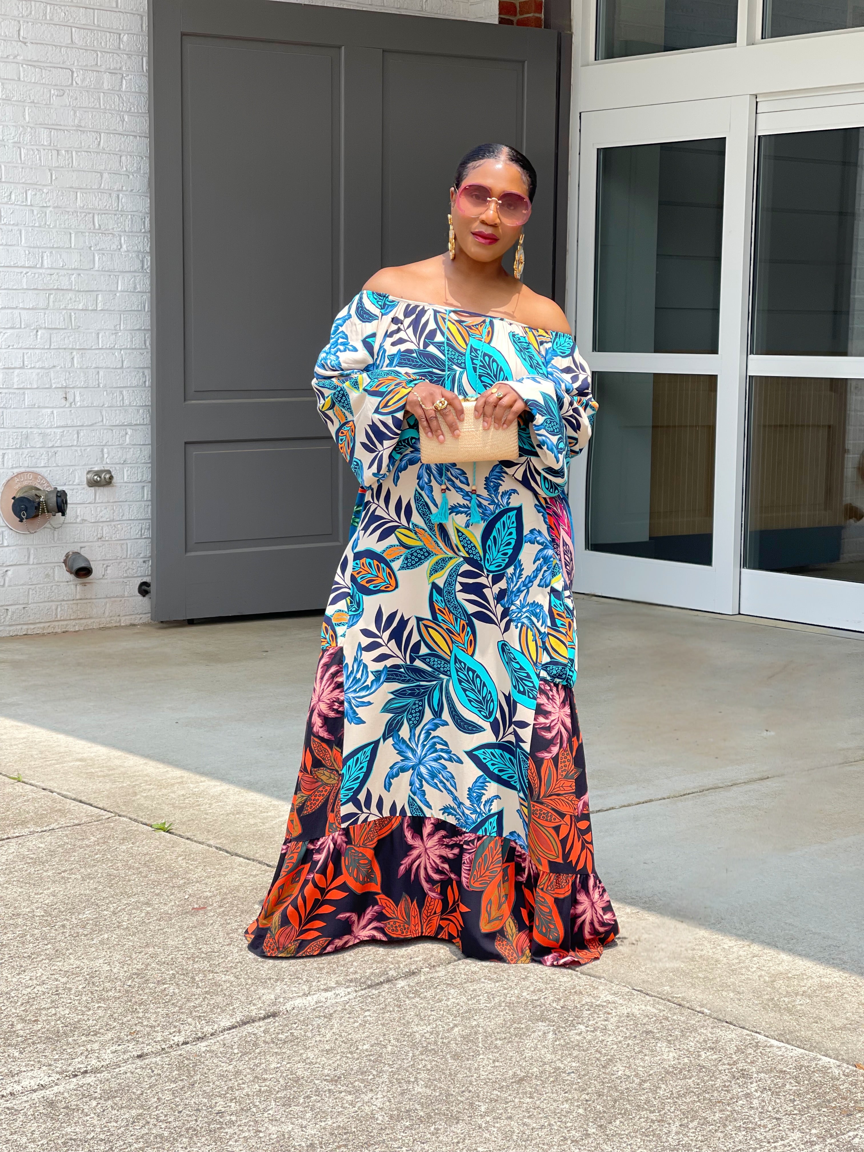 GOLDxTEAL colorful printed paneled maxi dress.