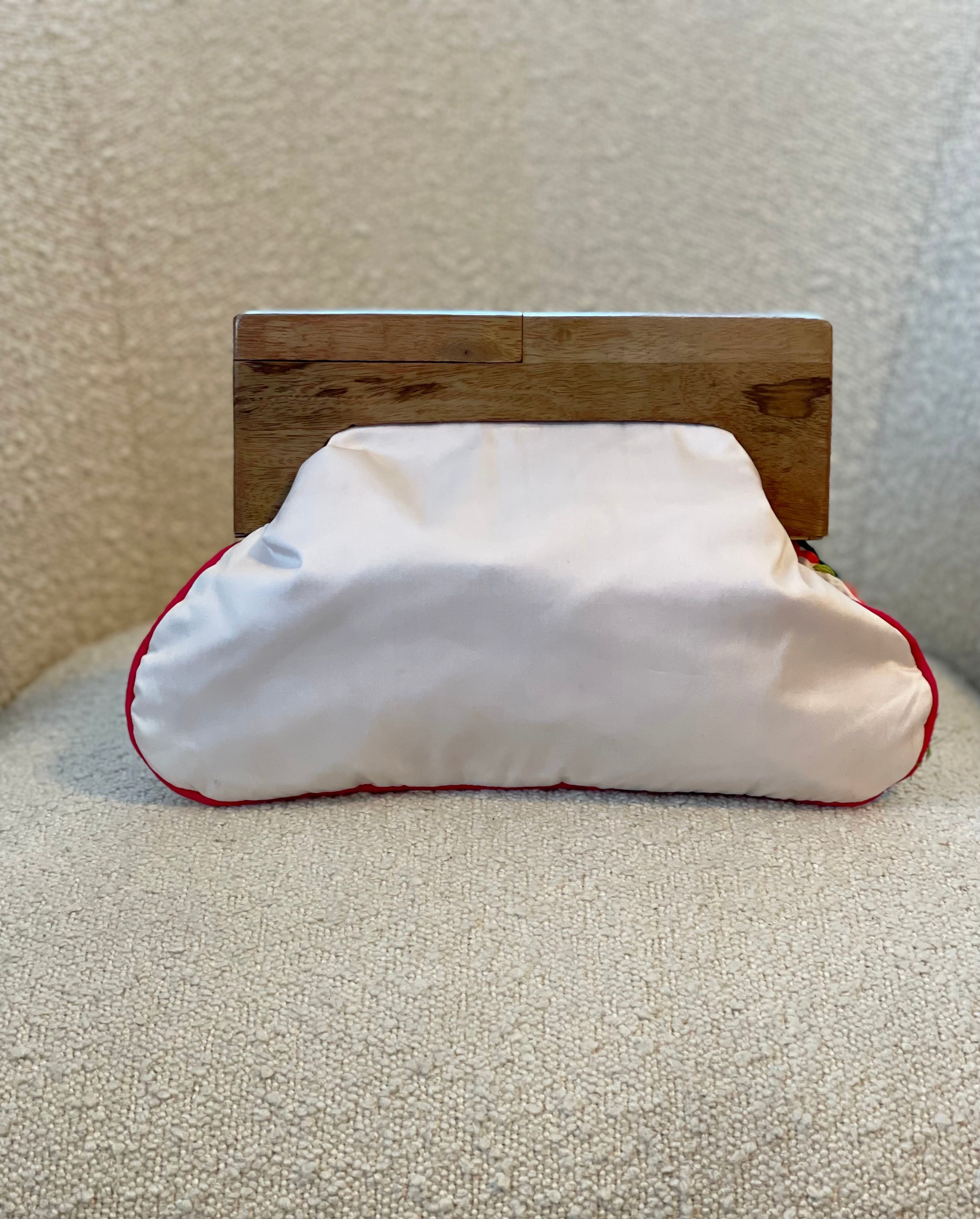 GOLDxTEAL gorgeous colorful embroidered clutch with wooden handle.